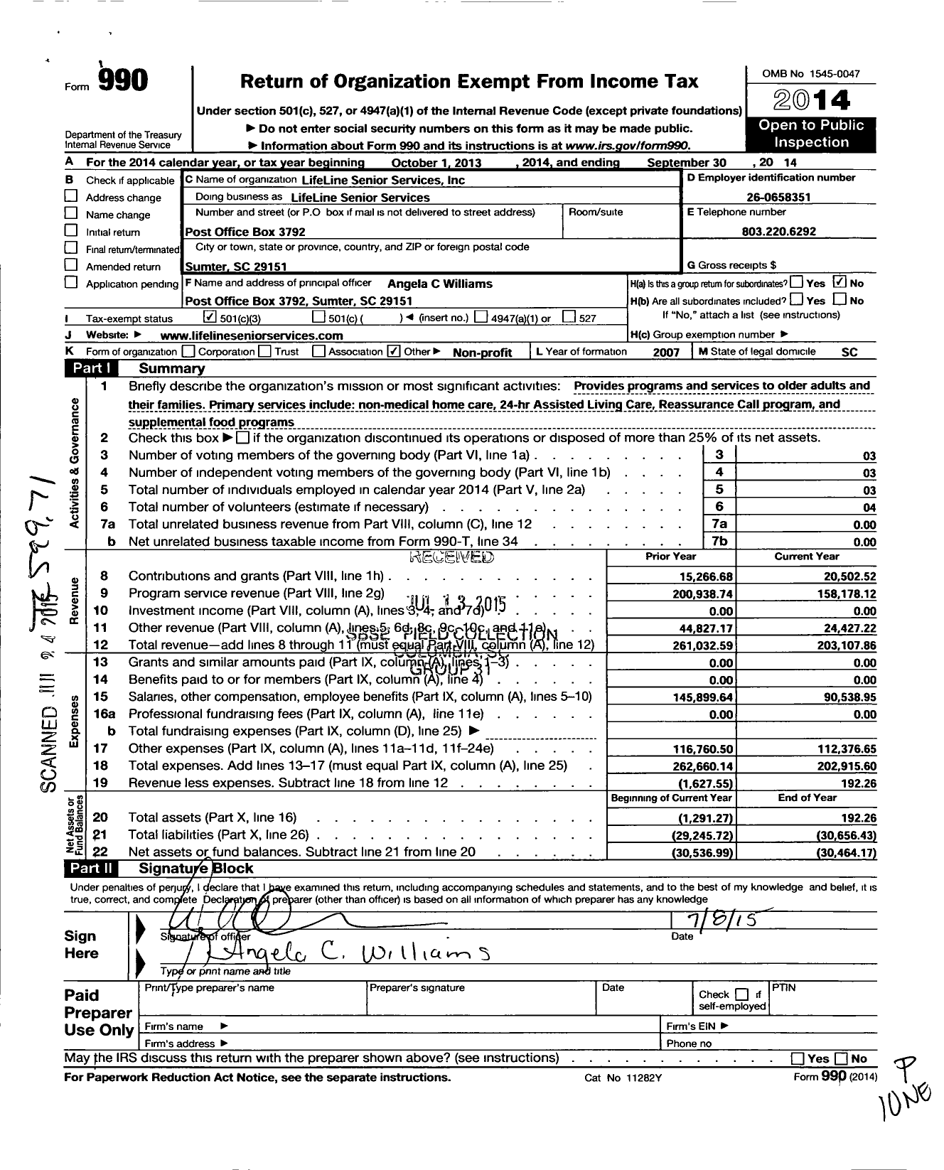 Image of first page of 2013 Form 990 for Lifeline Senior Services