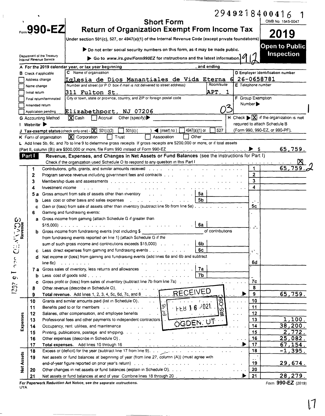 Image of first page of 2019 Form 990EZ for Iglesia de Dios Manantiales de Vida Eterna 6