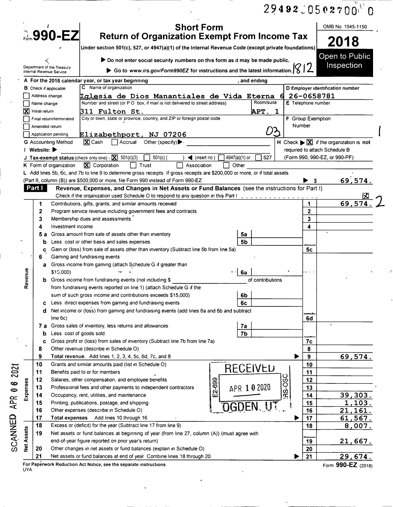 Image of first page of 2018 Form 990EZ for Iglesia de Dios Manantiales de Vida Eterna 6