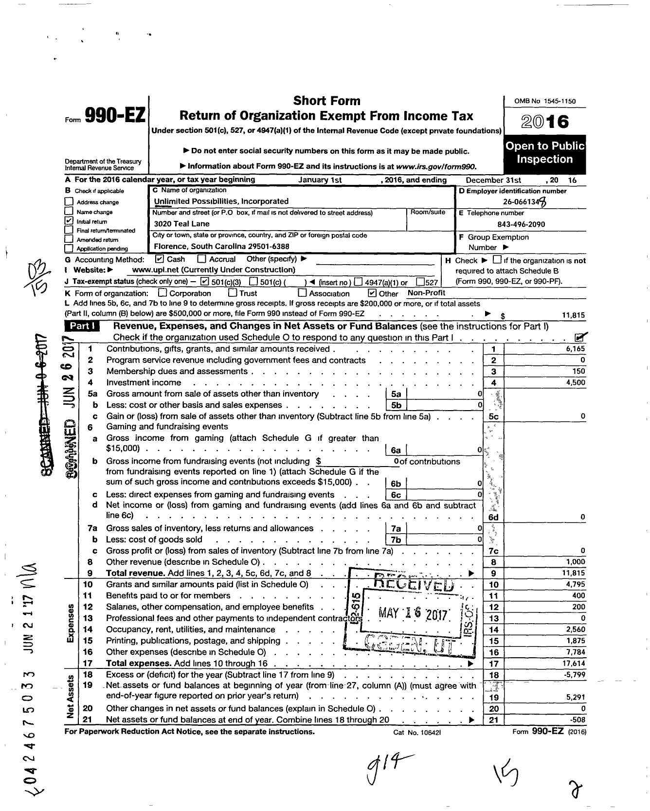 Image of first page of 2016 Form 990EZ for Unlimited Possibilities Incorporated