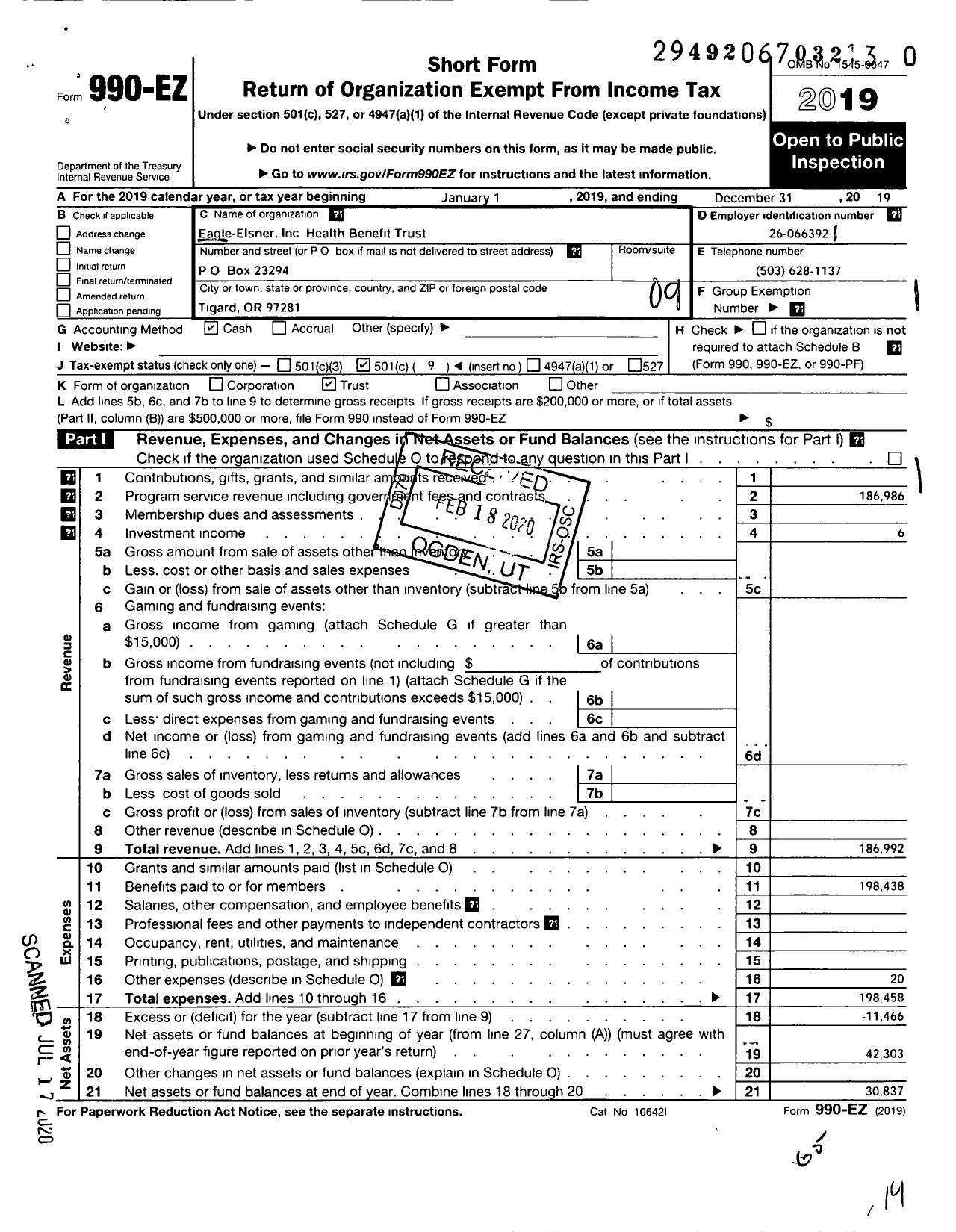 Image of first page of 2019 Form 990EO for Eagle-Elsner Health Benefit Trust