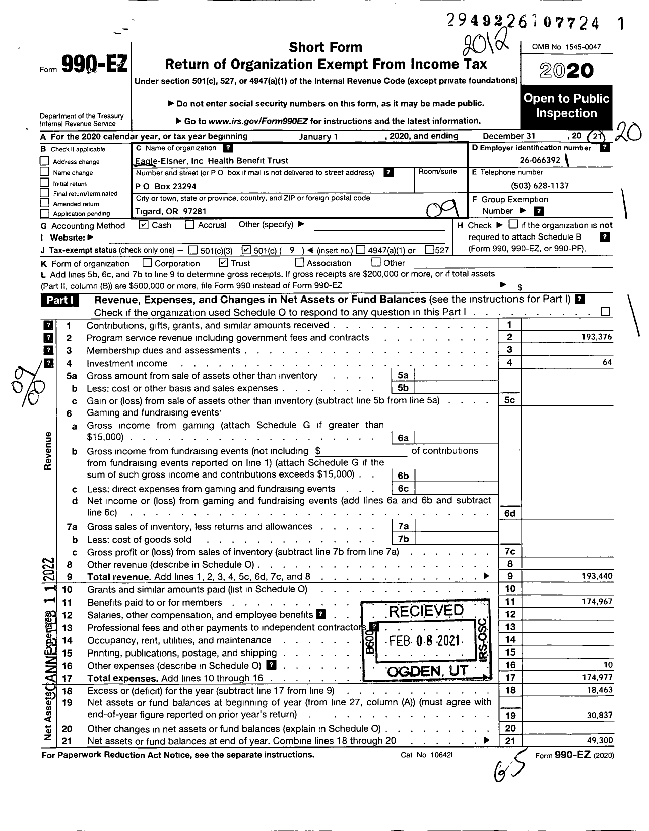 Image of first page of 2020 Form 990EO for Eagle-Elsner Health Benefit Trust