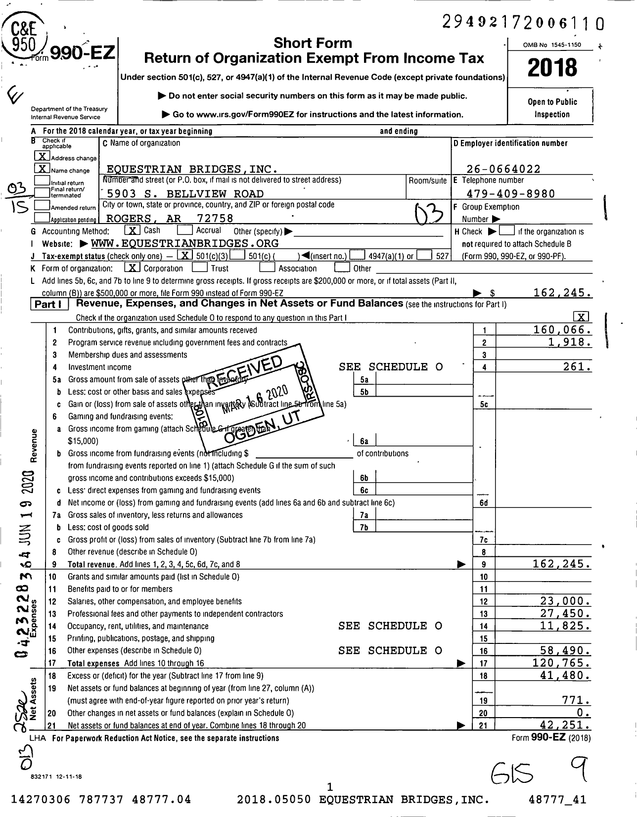 Image of first page of 2018 Form 990EZ for Equestrian Bridges