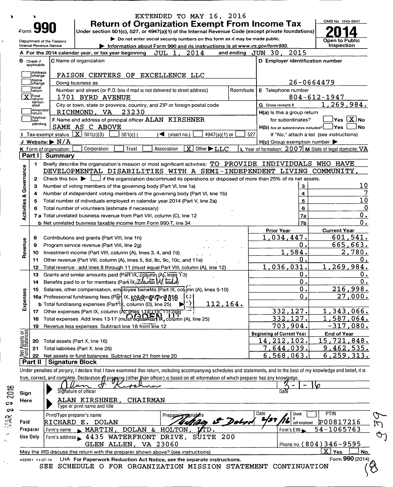 Image of first page of 2014 Form 990 for Faison Centers of Excellence LLC