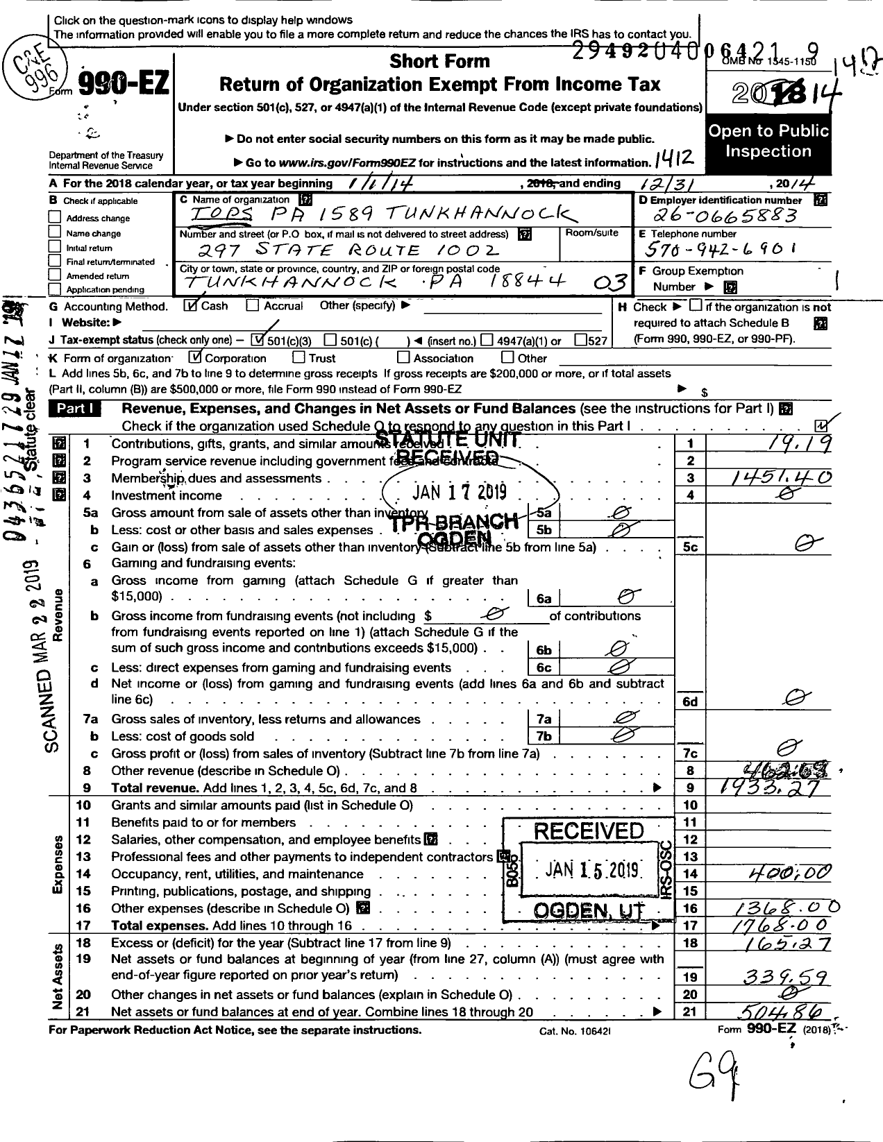 Image of first page of 2014 Form 990EZ for Tops Pa 1589 Tunkhannock