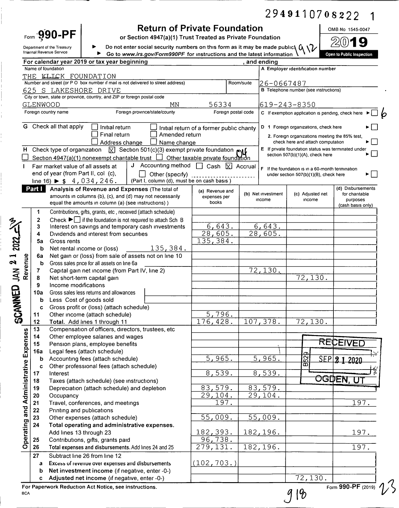 Image of first page of 2019 Form 990PF for The Klick Foundation