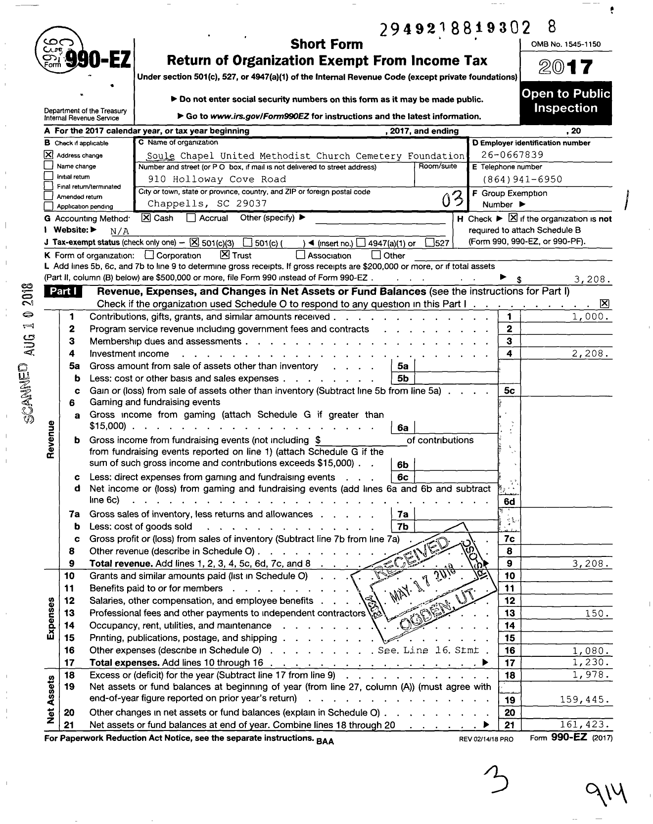 Image of first page of 2017 Form 990EZ for Soule Chapel United Methodist Church Cemetery Foundation