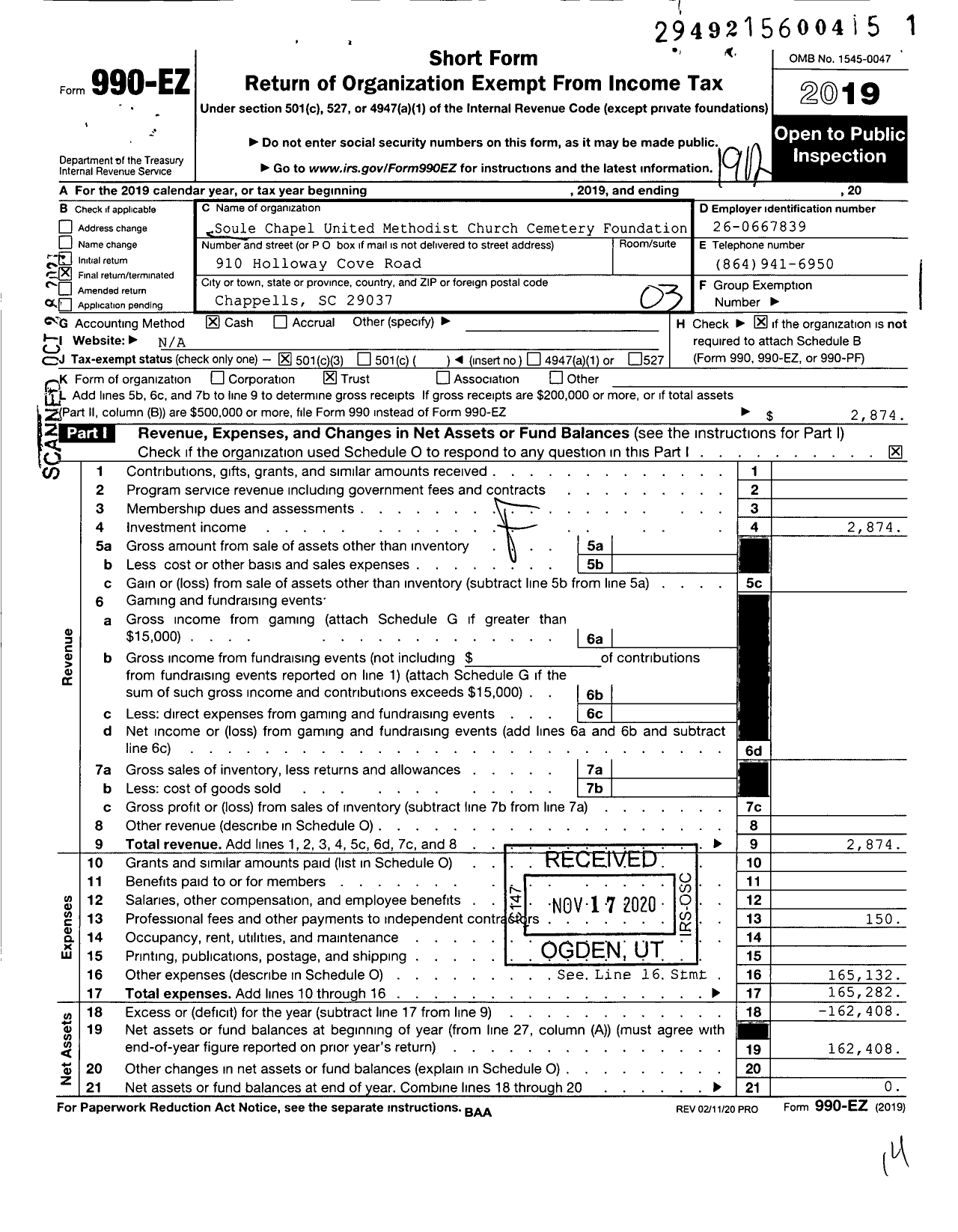 Image of first page of 2019 Form 990EZ for Soule Chapel United Methodist Church Cemetery Foundation