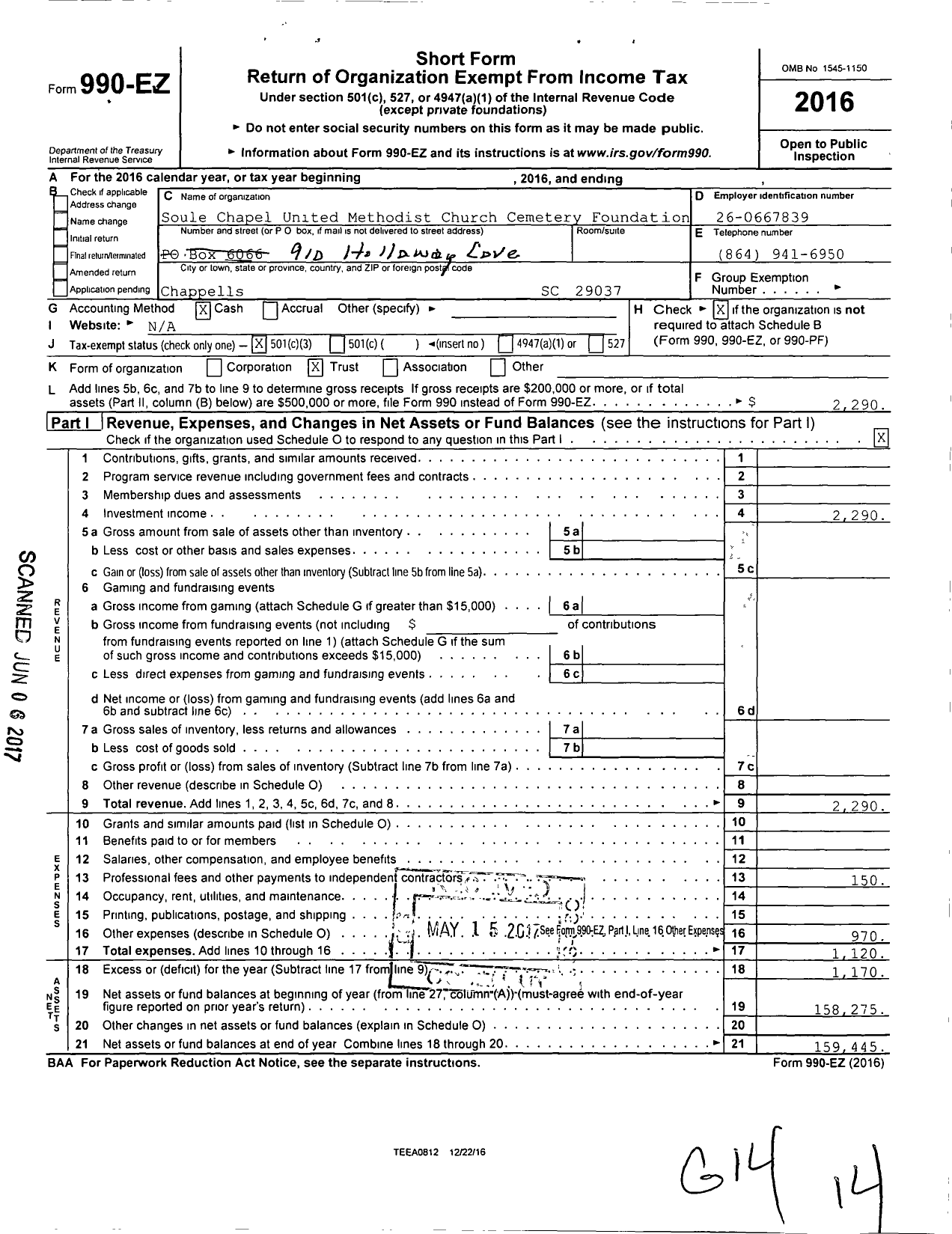 Image of first page of 2016 Form 990EZ for Soule Chapel United Methodist Church Cemetery Foundation