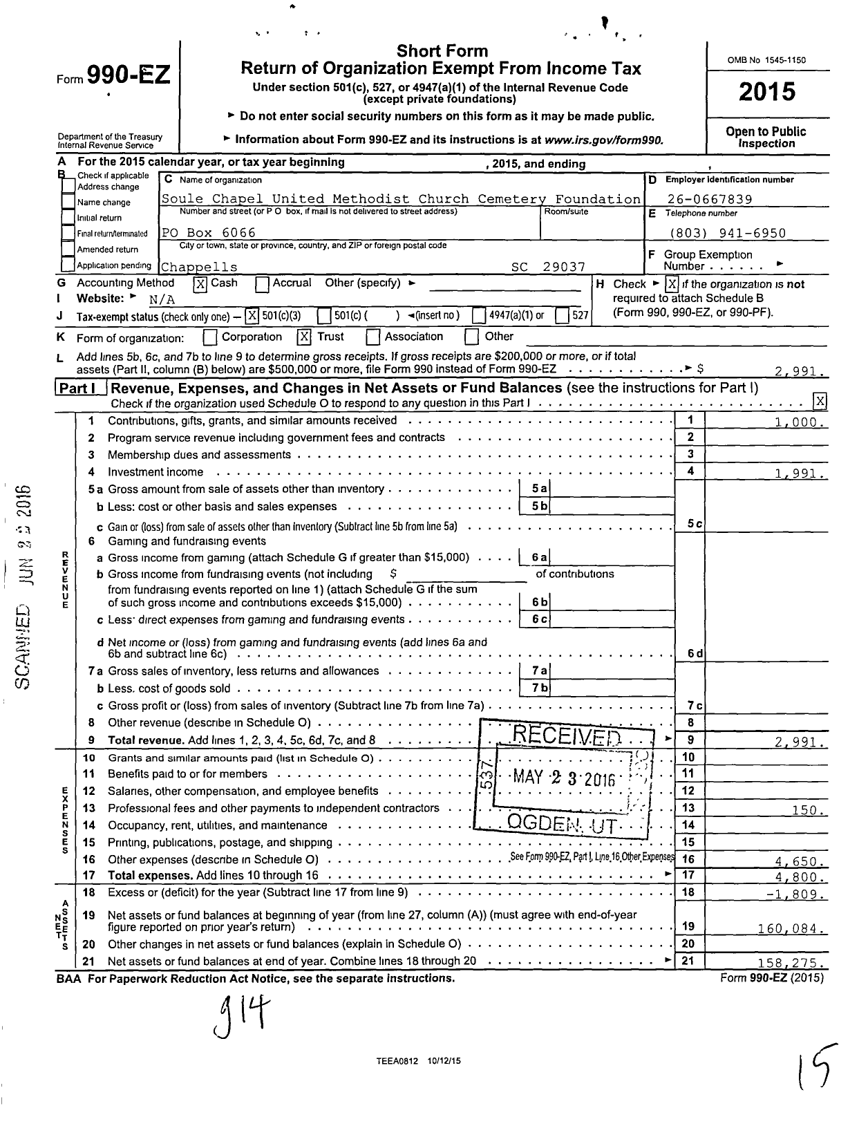 Image of first page of 2015 Form 990EZ for Soule Chapel United Methodist Church Cemetery Foundation