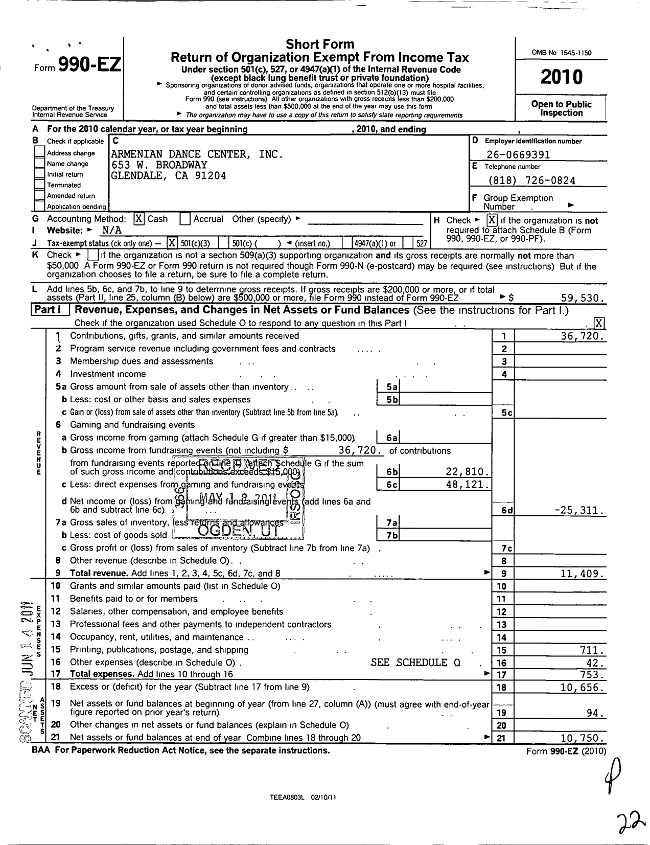 Image of first page of 2010 Form 990EZ for Armenian Dance Center