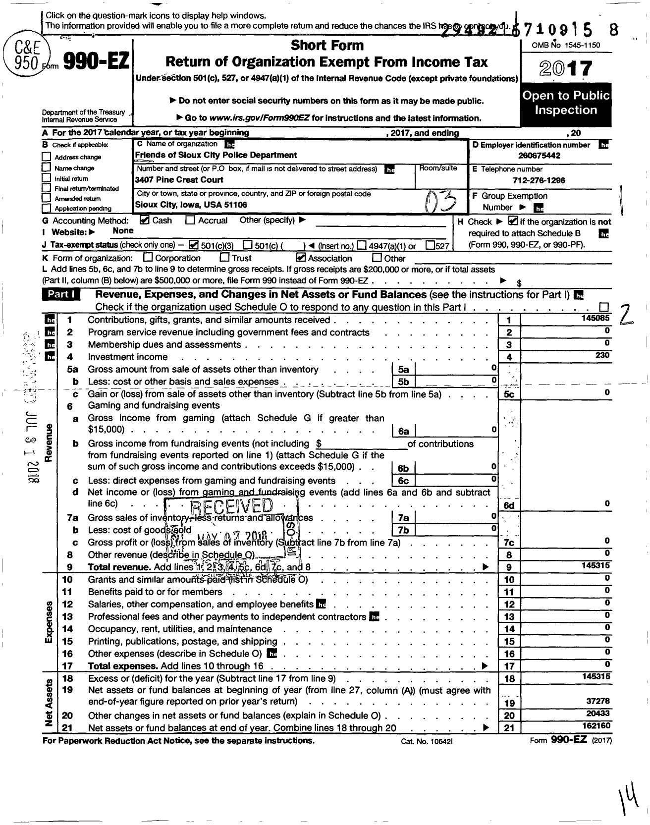 Image of first page of 2017 Form 990EZ for Friends of the Sioux City Police Department