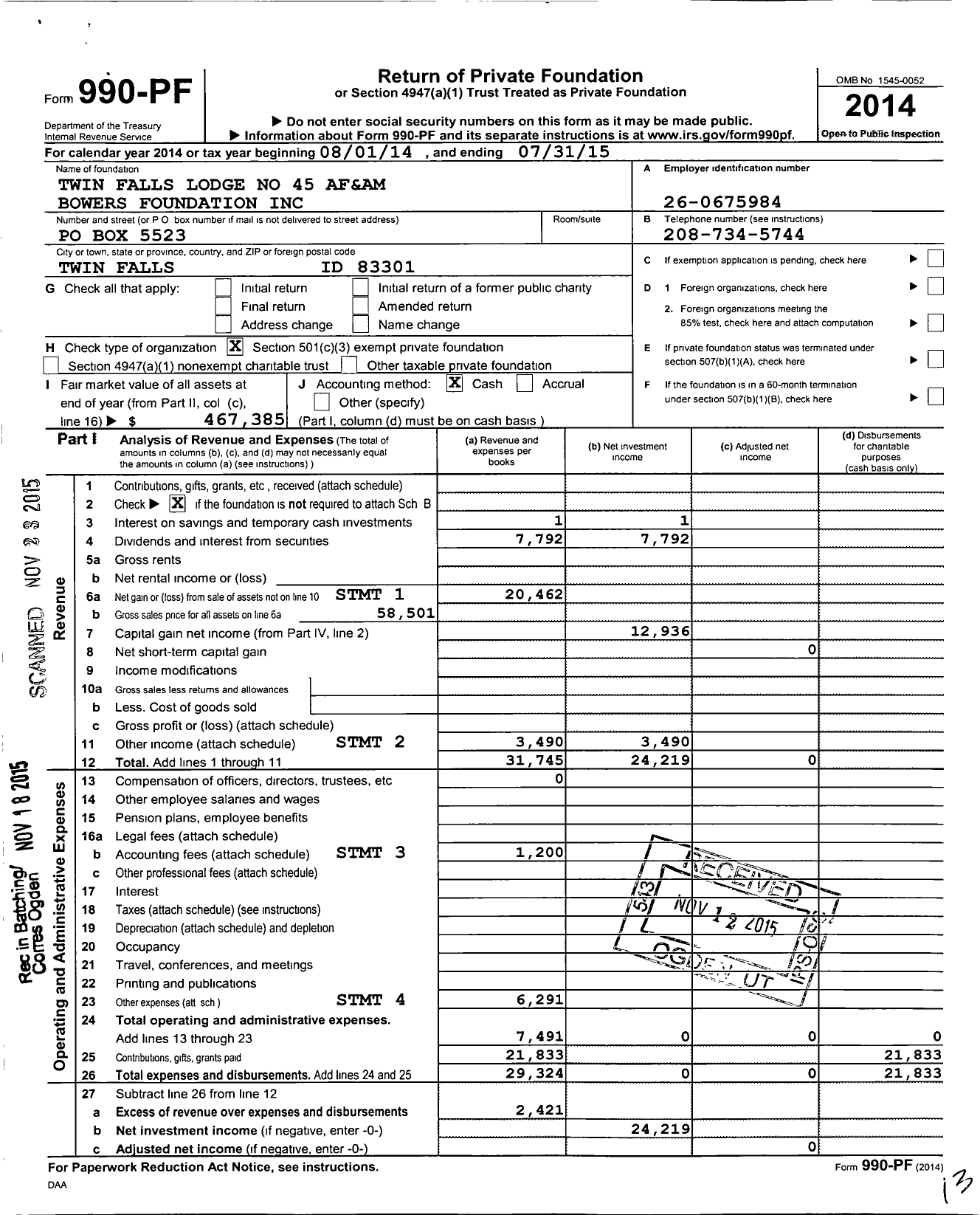 Image of first page of 2014 Form 990PF for Twin Falls Lodge No 45 Af&am Bowers Foundation