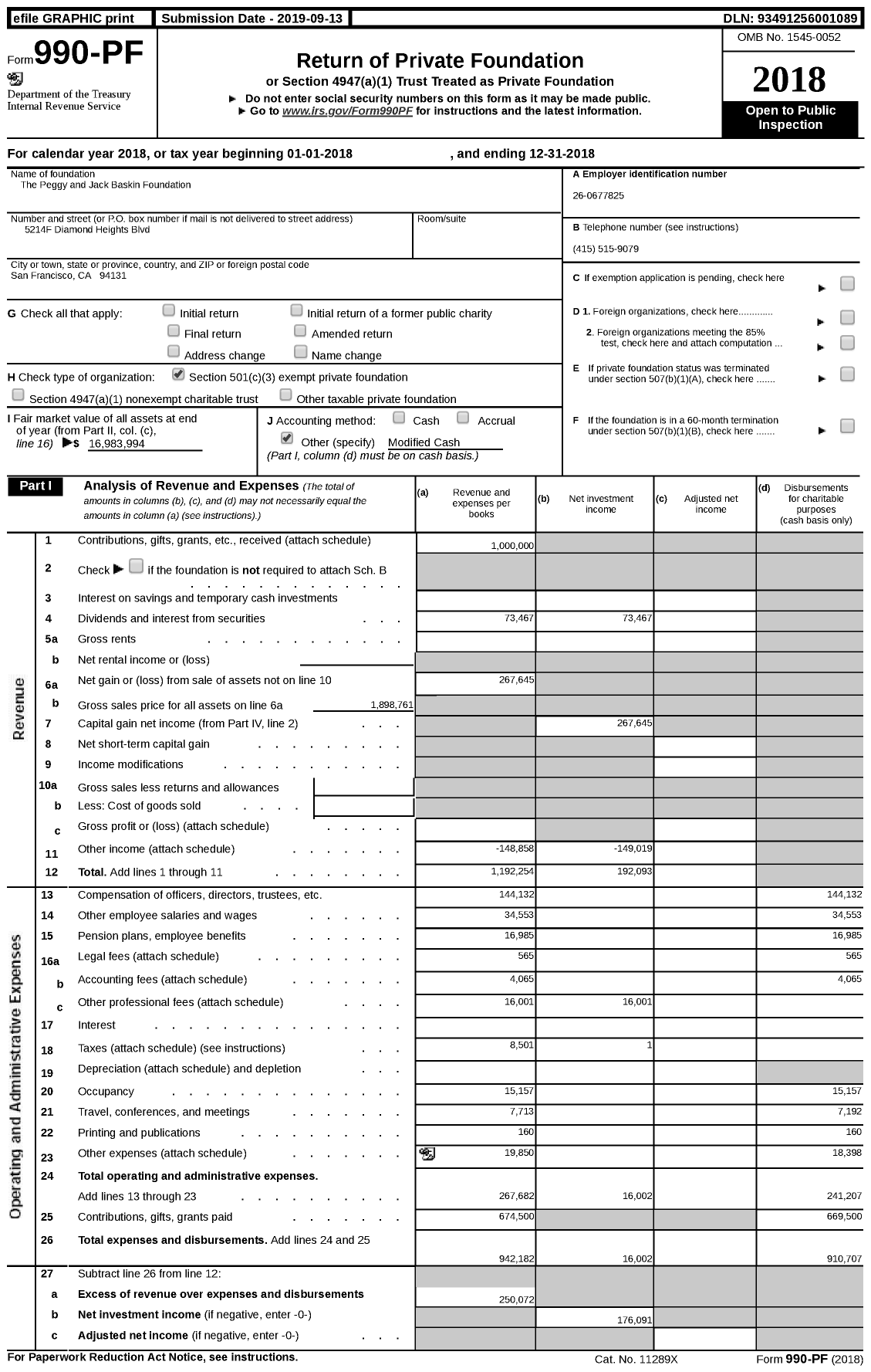 Image of first page of 2018 Form 990PF for Peggy and Jack Baskin Foundation