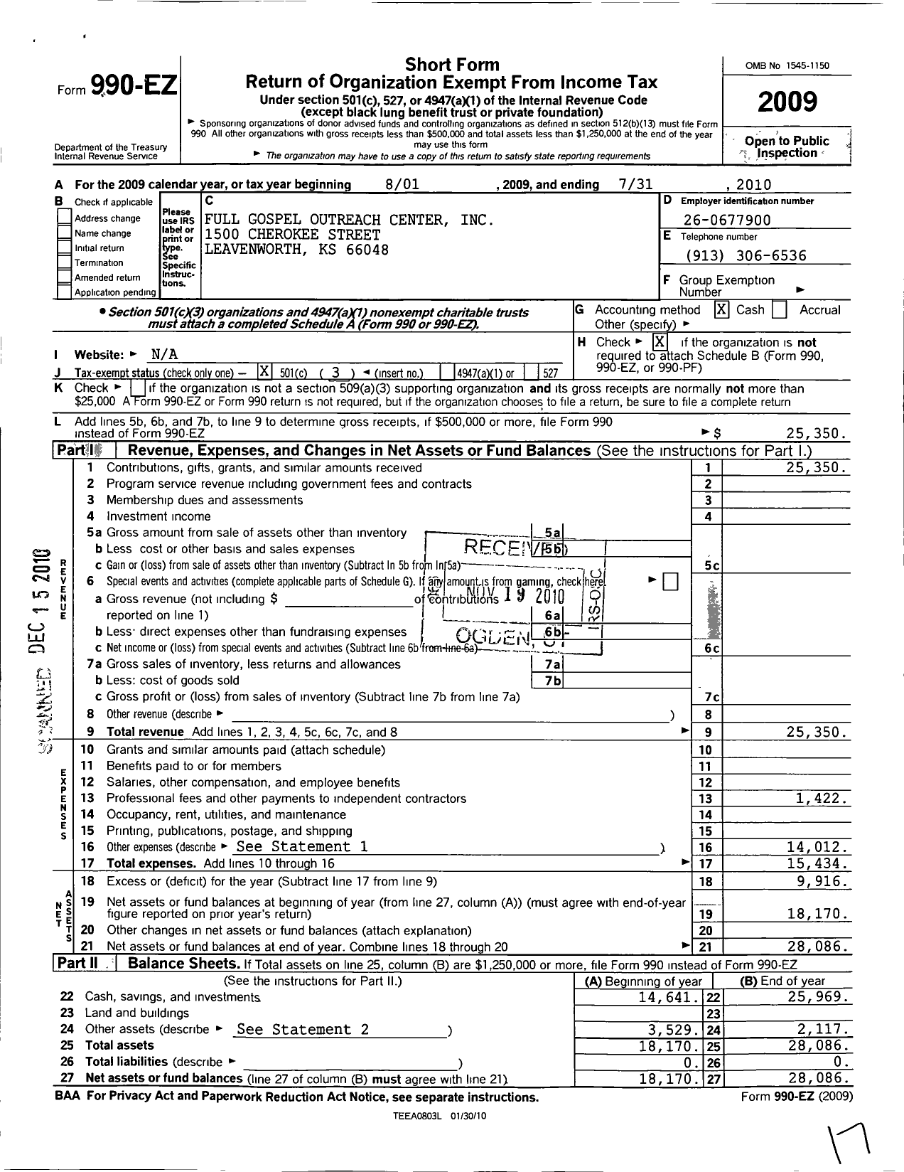 Image of first page of 2009 Form 990EZ for Full Gospel Outreach Center