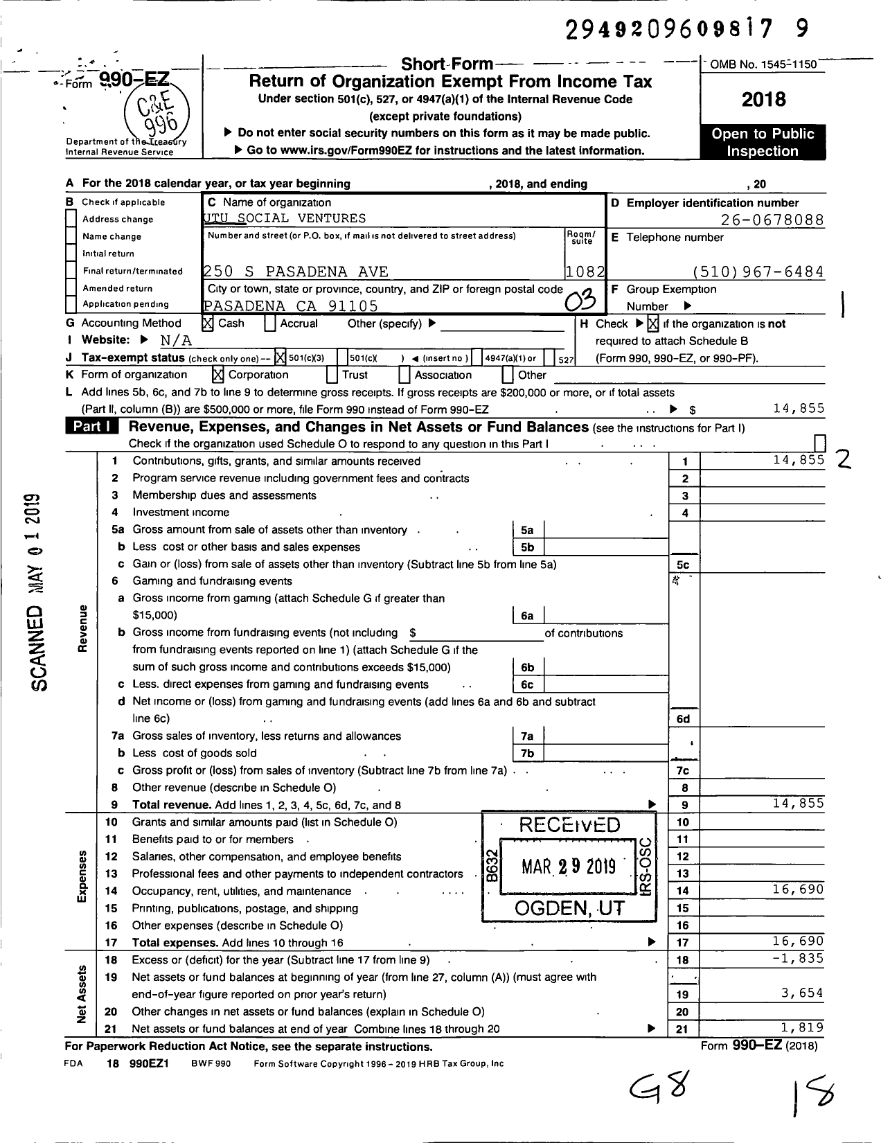 Image of first page of 2018 Form 990EZ for Utu Social Ventures