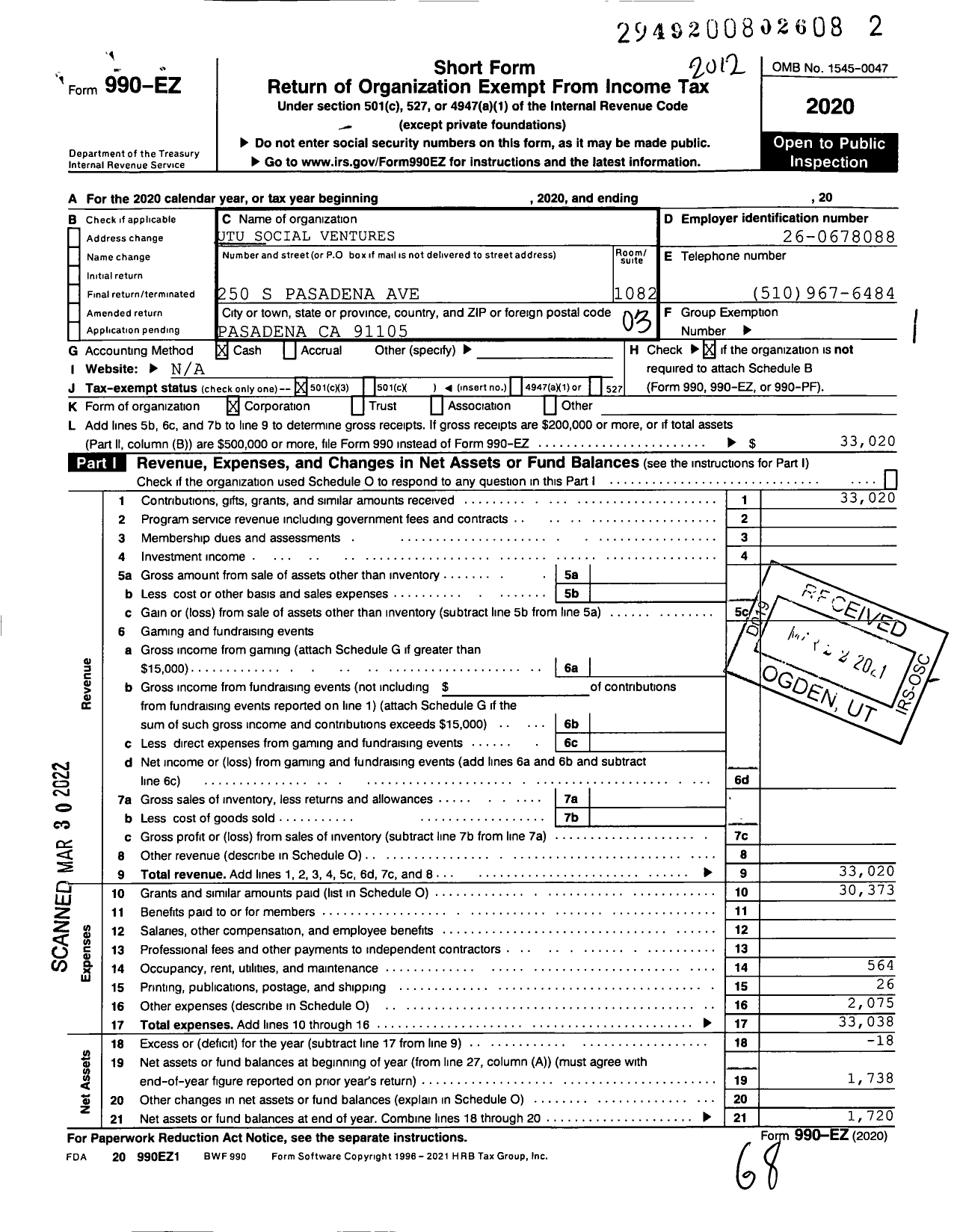 Image of first page of 2020 Form 990EZ for Utu Social Ventures