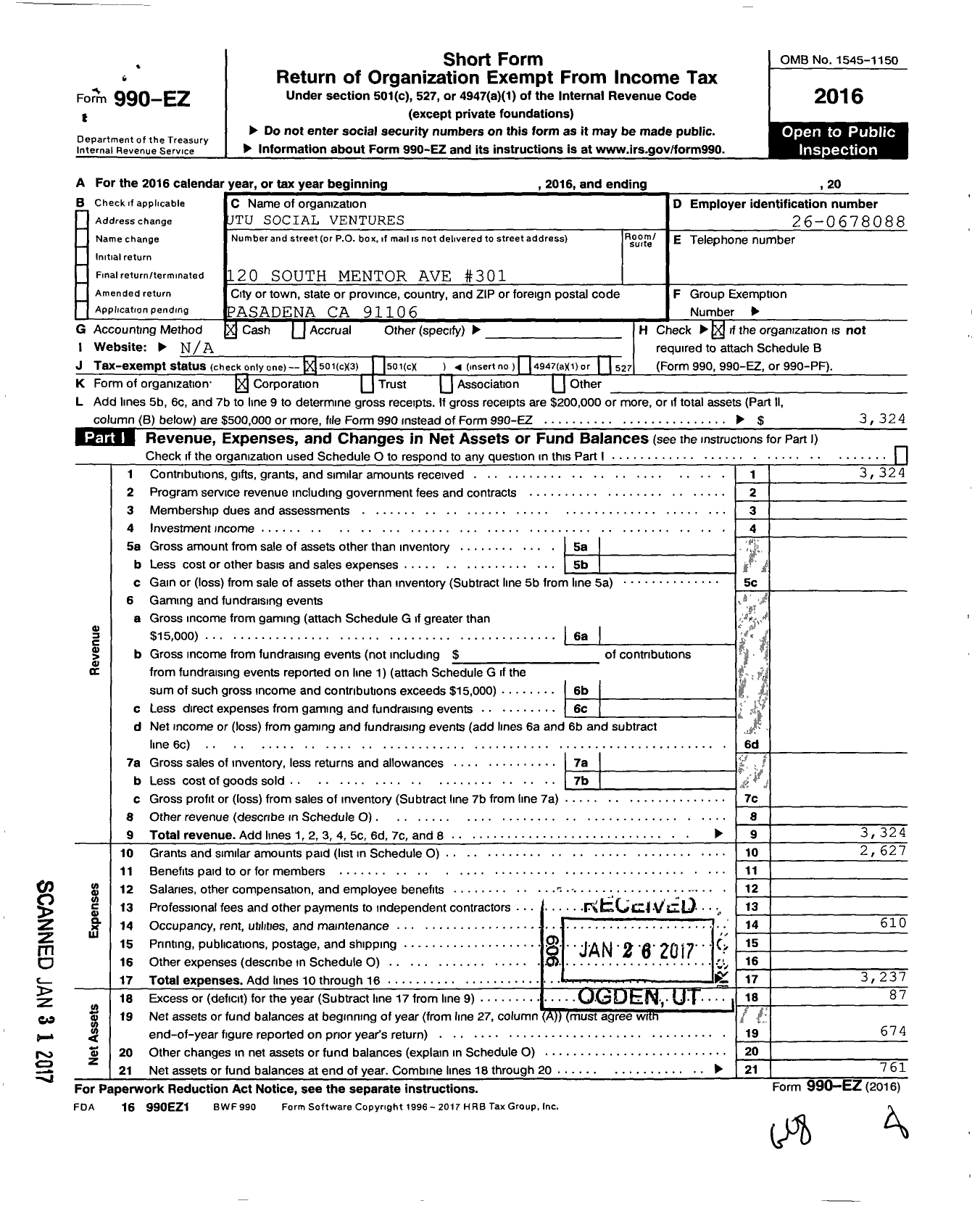 Image of first page of 2016 Form 990EZ for Utu Social Ventures