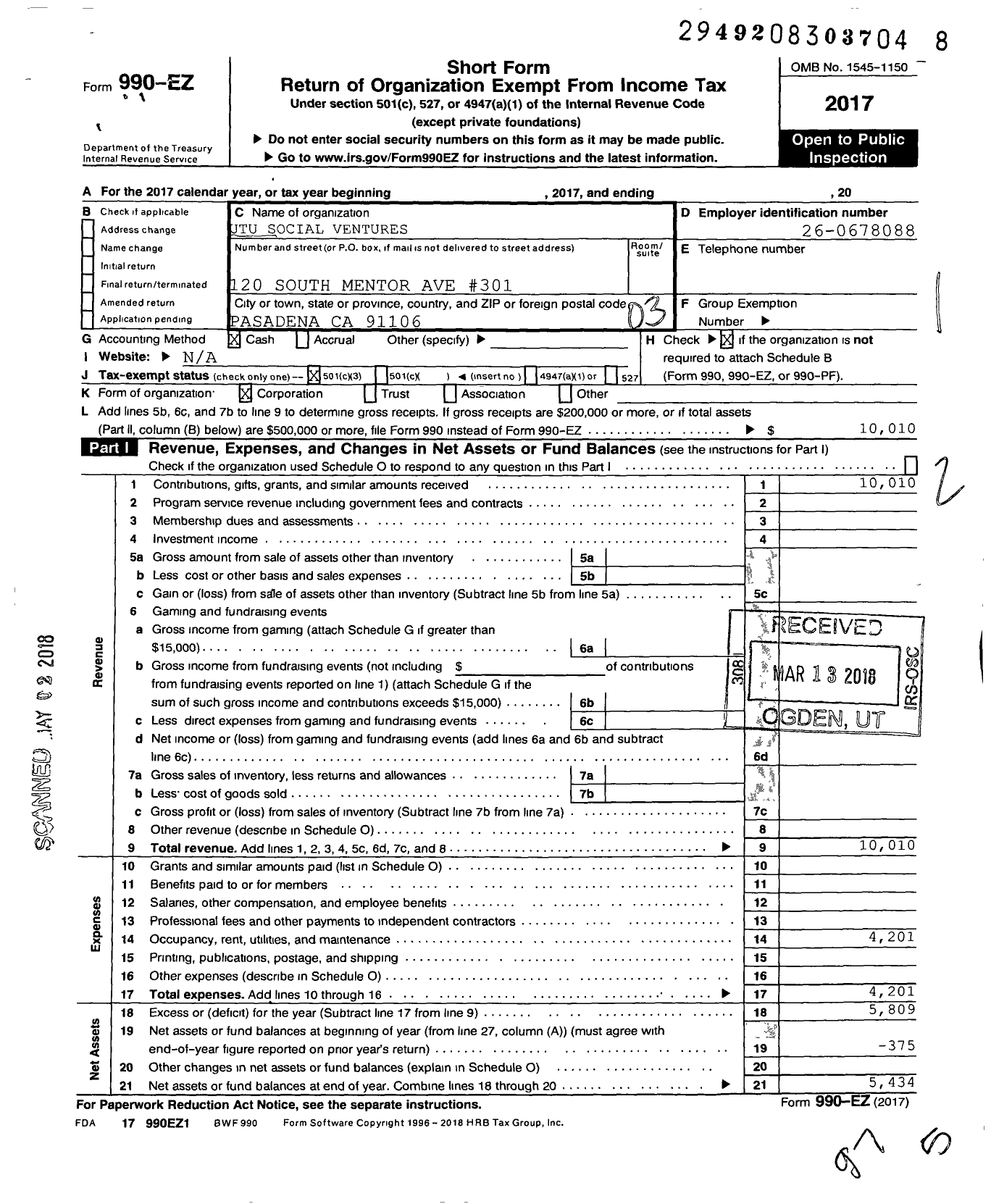 Image of first page of 2017 Form 990EZ for Utu Social Ventures