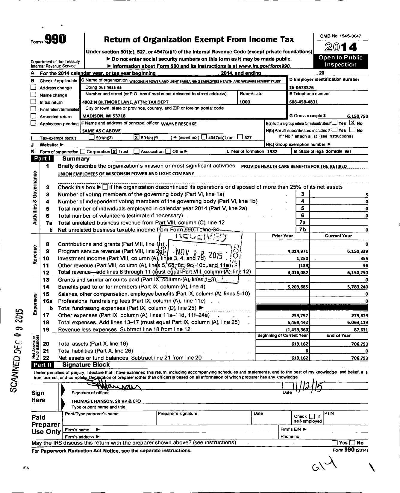 Image of first page of 2014 Form 990O for Wisconsin Power and Light Bargaining Employees Health and