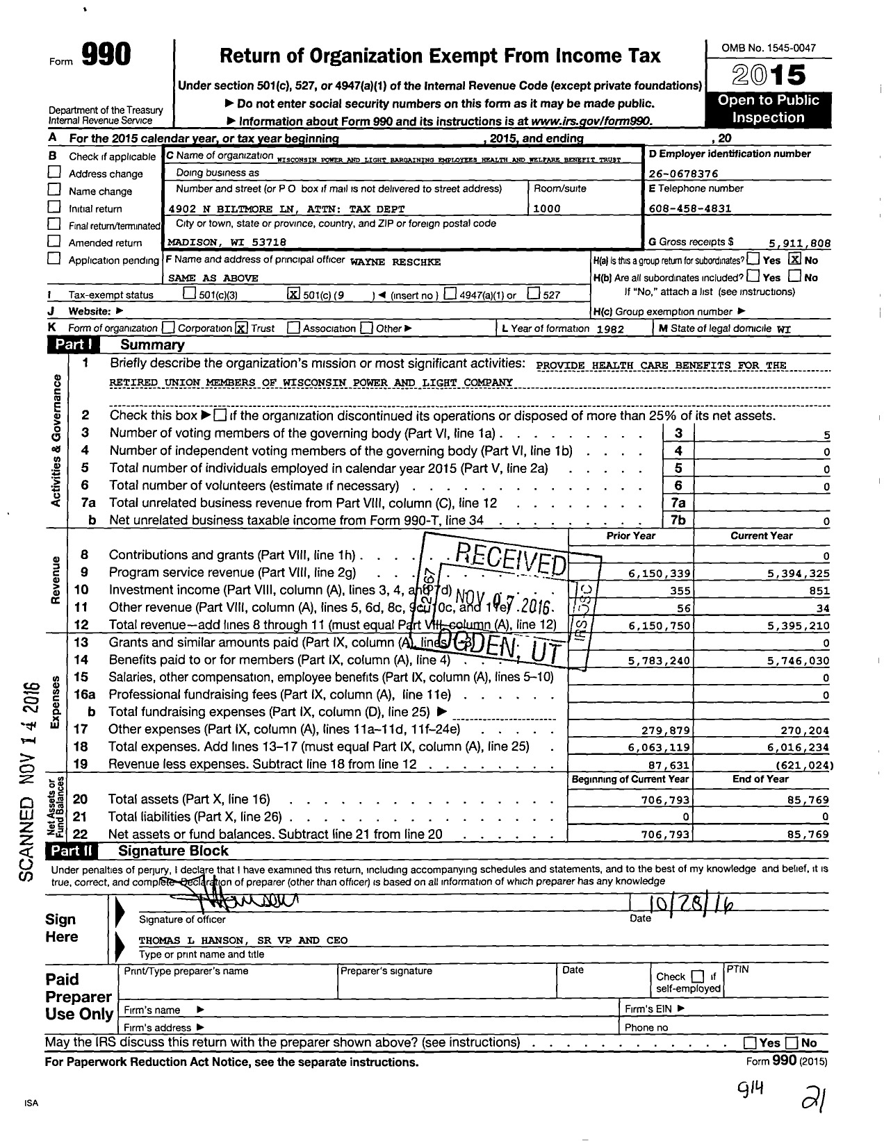 Image of first page of 2015 Form 990O for Wisconsin Power and Light Bargaining Employees Health and