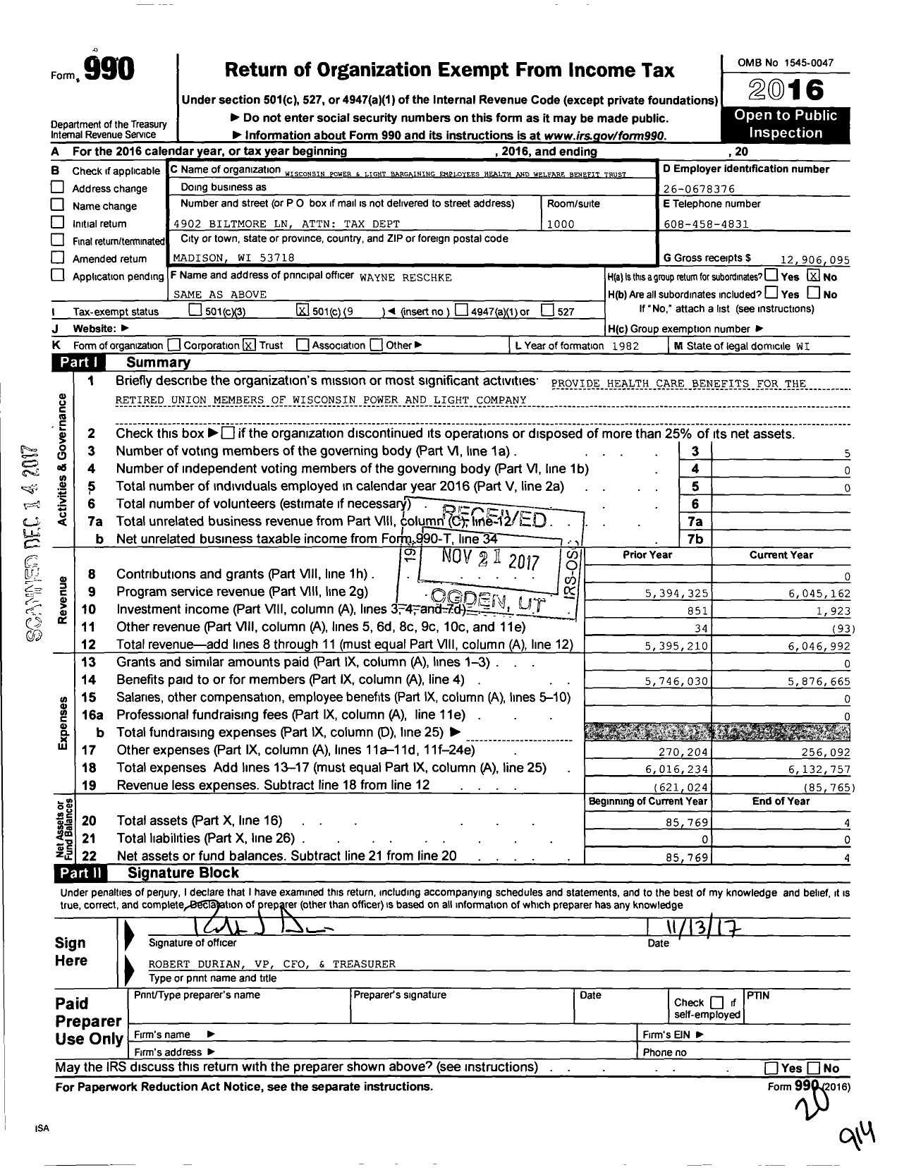 Image of first page of 2016 Form 990O for Wisconsin Power and Light Bargaining Employees Health and