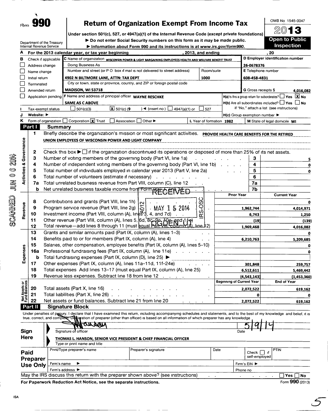 Image of first page of 2013 Form 990O for Wisconsin Power and Light Bargaining Employees Health and