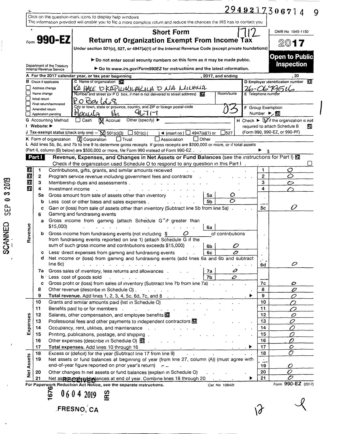 Image of first page of 2017 Form 990EZ for Ka Hale O Kapilikilakila O Na Namiliona