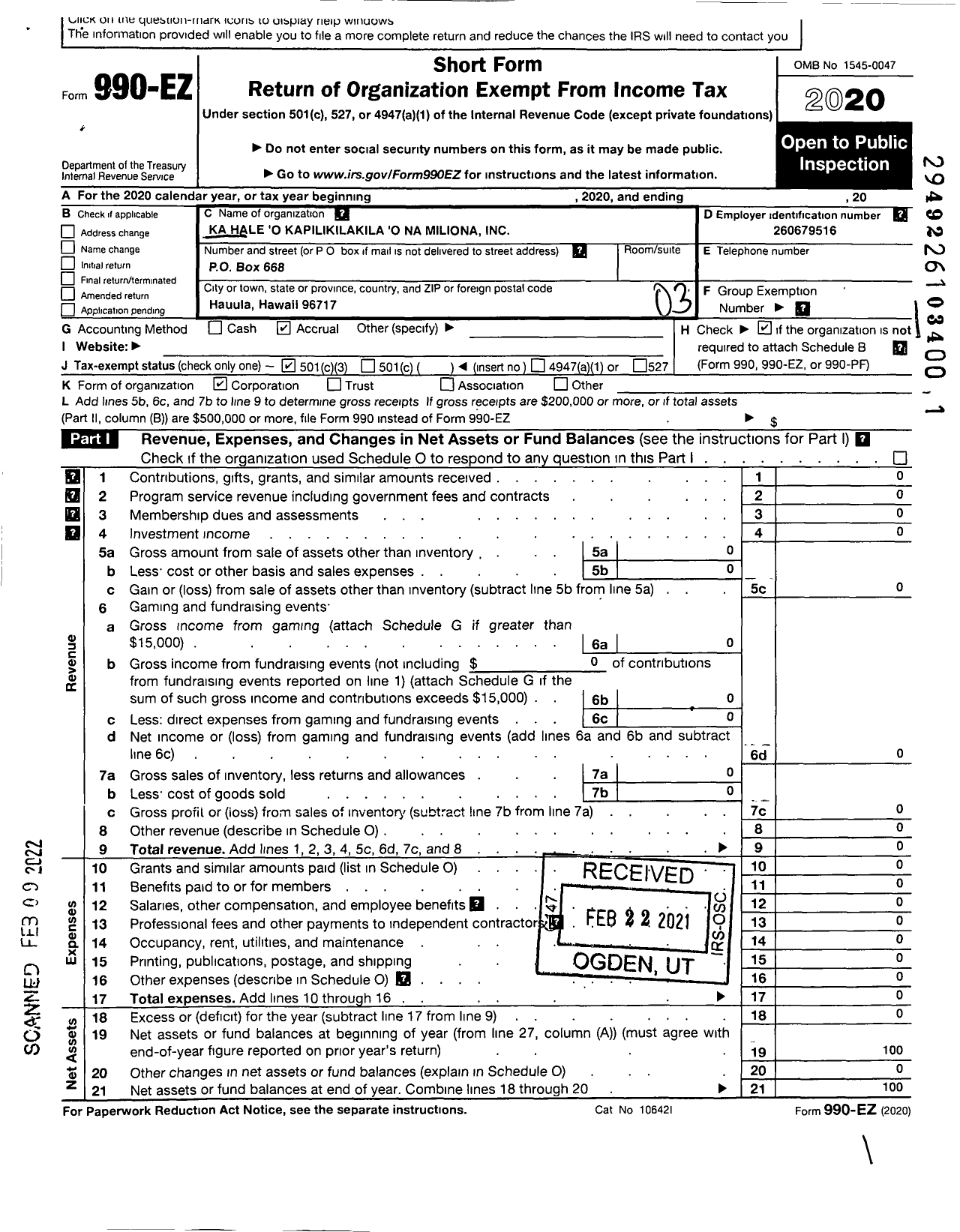 Image of first page of 2020 Form 990EZ for Ka Hale O Kapilikilakila O Na Namiliona