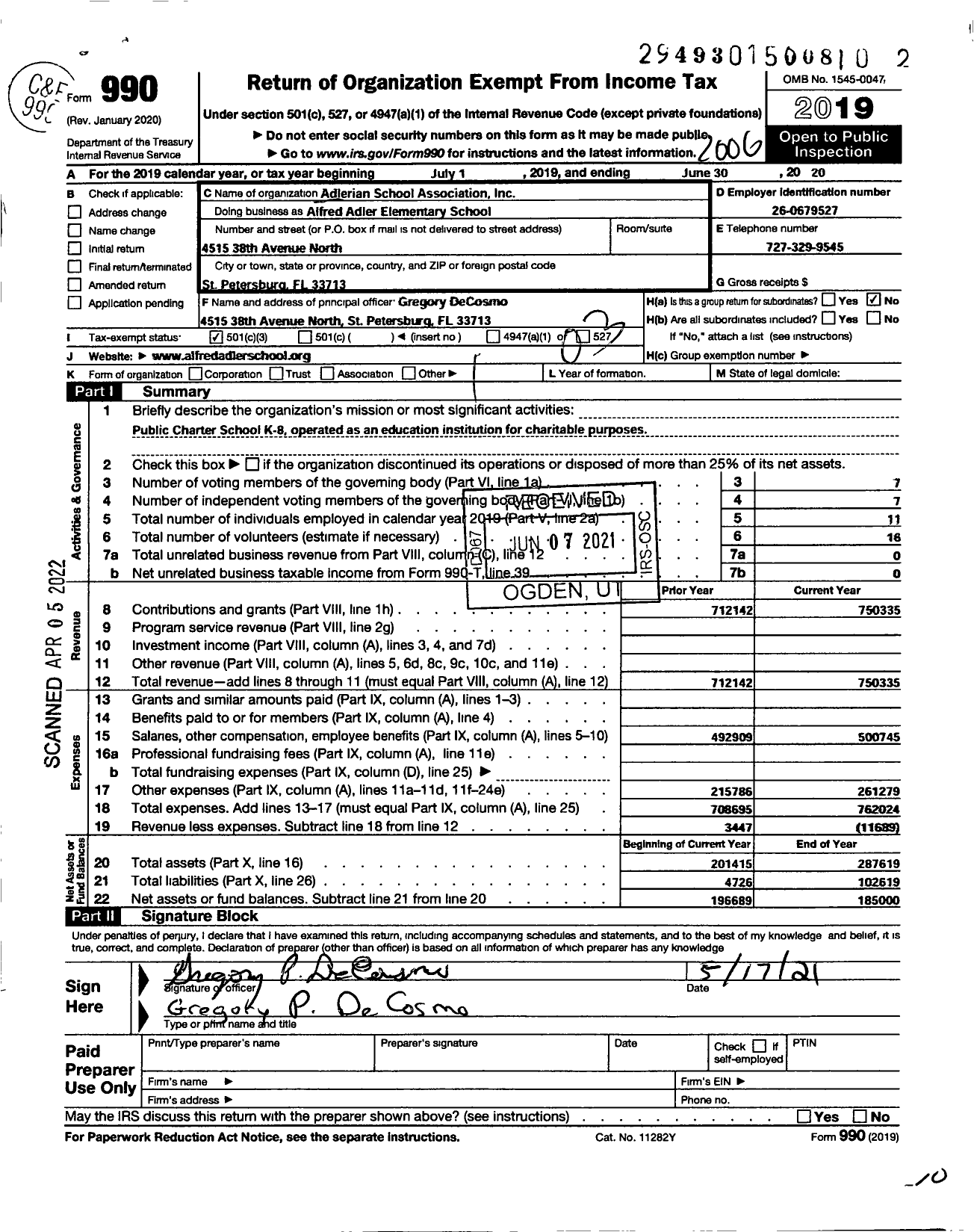 Image of first page of 2019 Form 990 for Adlerian School Association Alfred Adler Elementary School