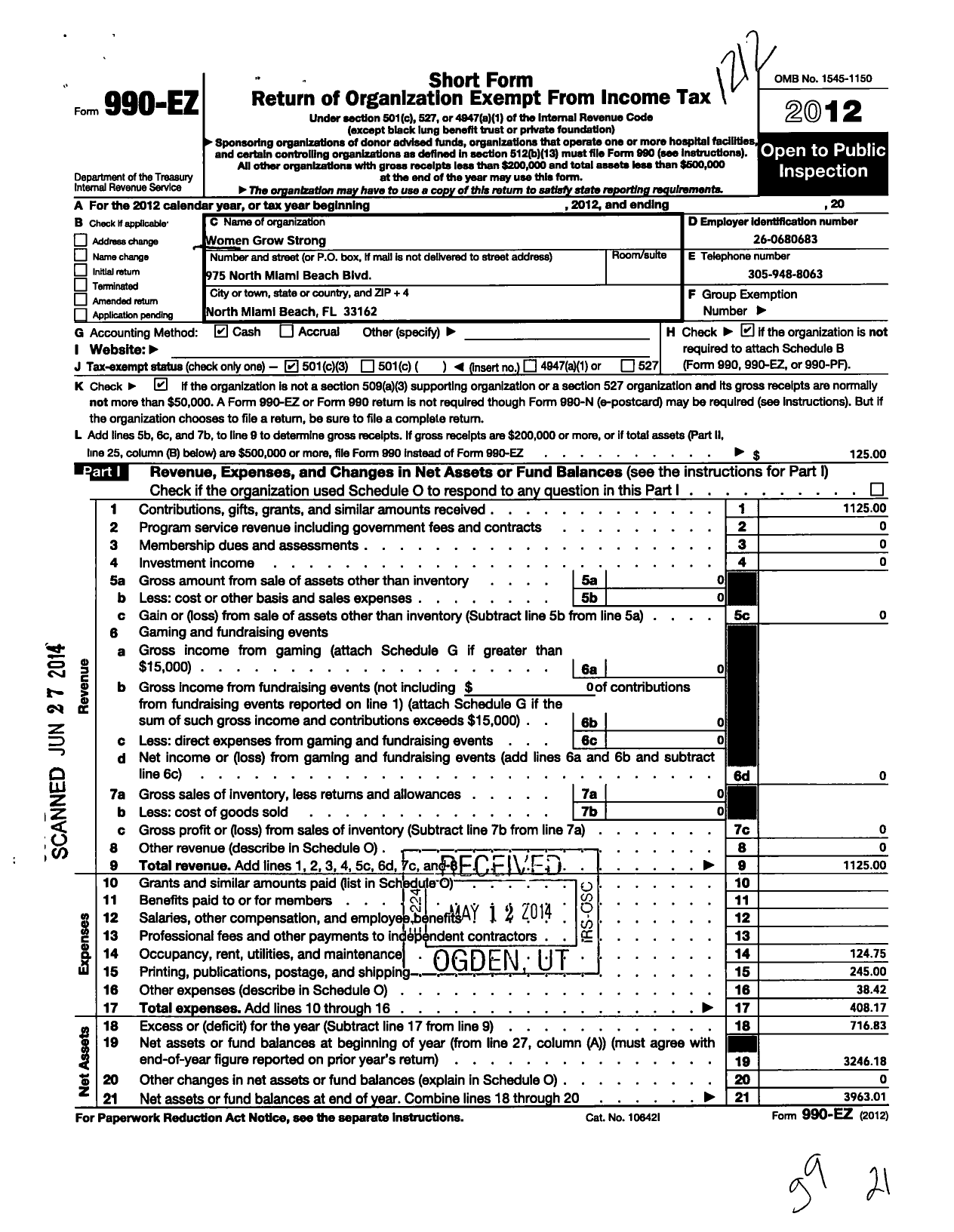 Image of first page of 2012 Form 990EZ for Women Grow Strong