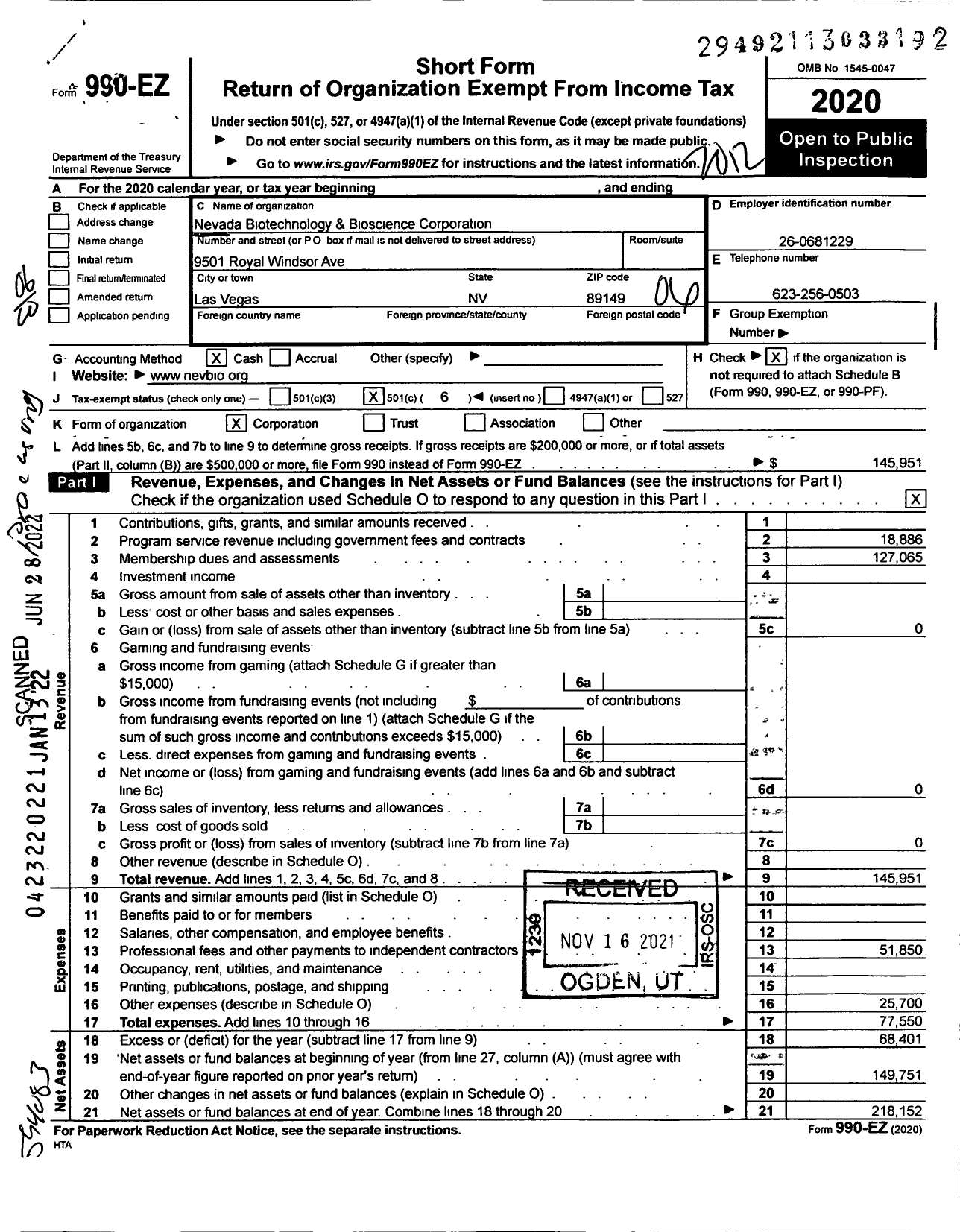 Image of first page of 2020 Form 990EO for Nevada Biotechnology & Bioscience Corporation