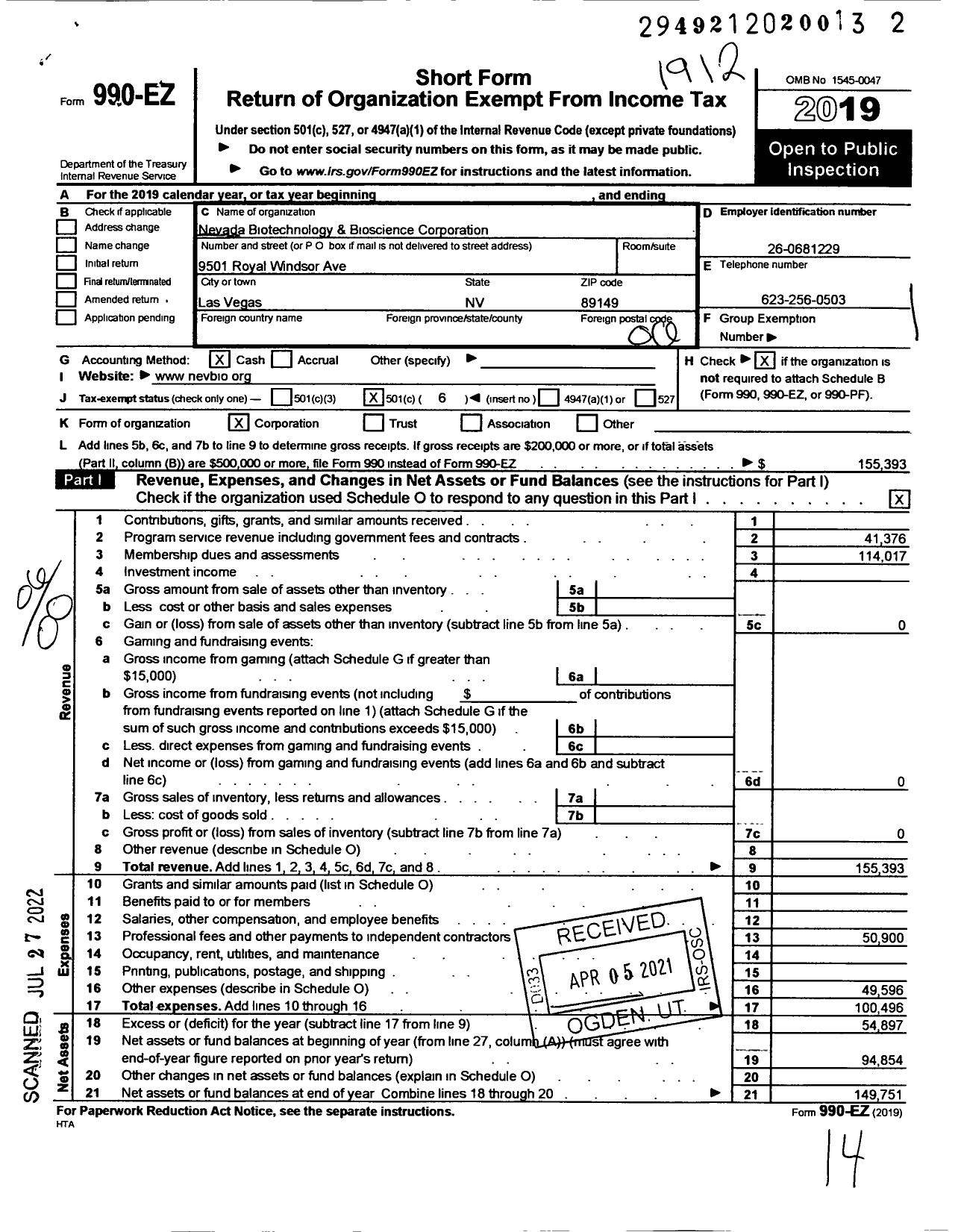 Image of first page of 2019 Form 990EO for Nevada Biotechnology & Bioscience Corporation