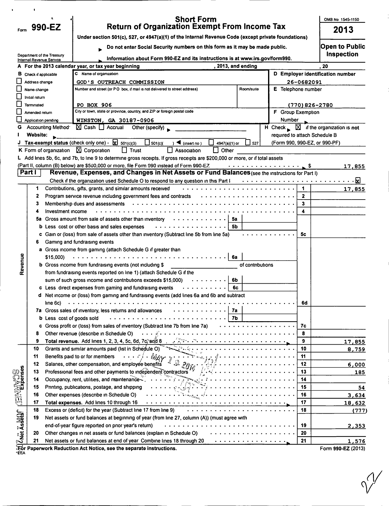 Image of first page of 2013 Form 990EZ for Gods Outreach Commission