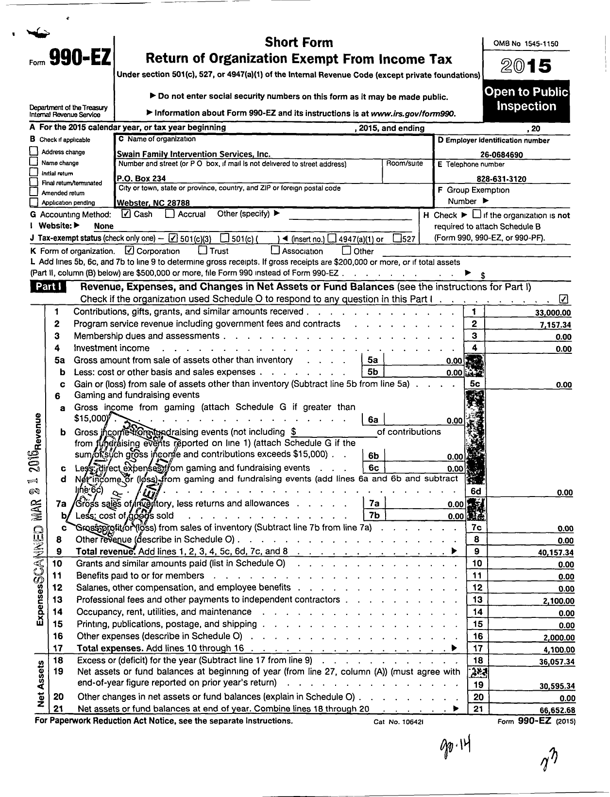 Image of first page of 2015 Form 990EZ for Swain Family Intervention Services