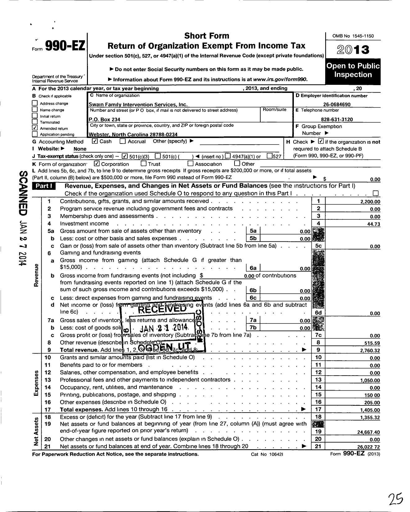 Image of first page of 2013 Form 990EZ for Swain Family Intervention Services