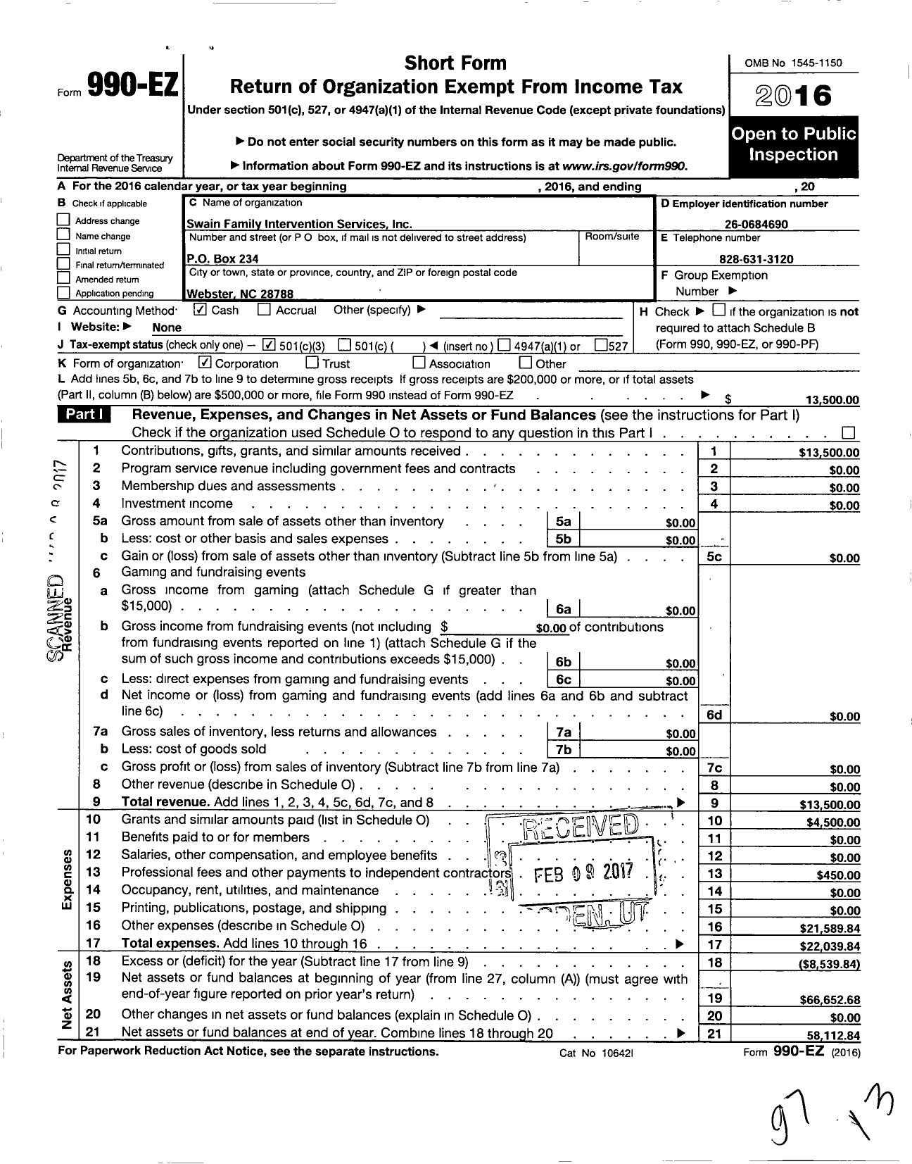 Image of first page of 2016 Form 990EZ for Swain Family Intervention Services