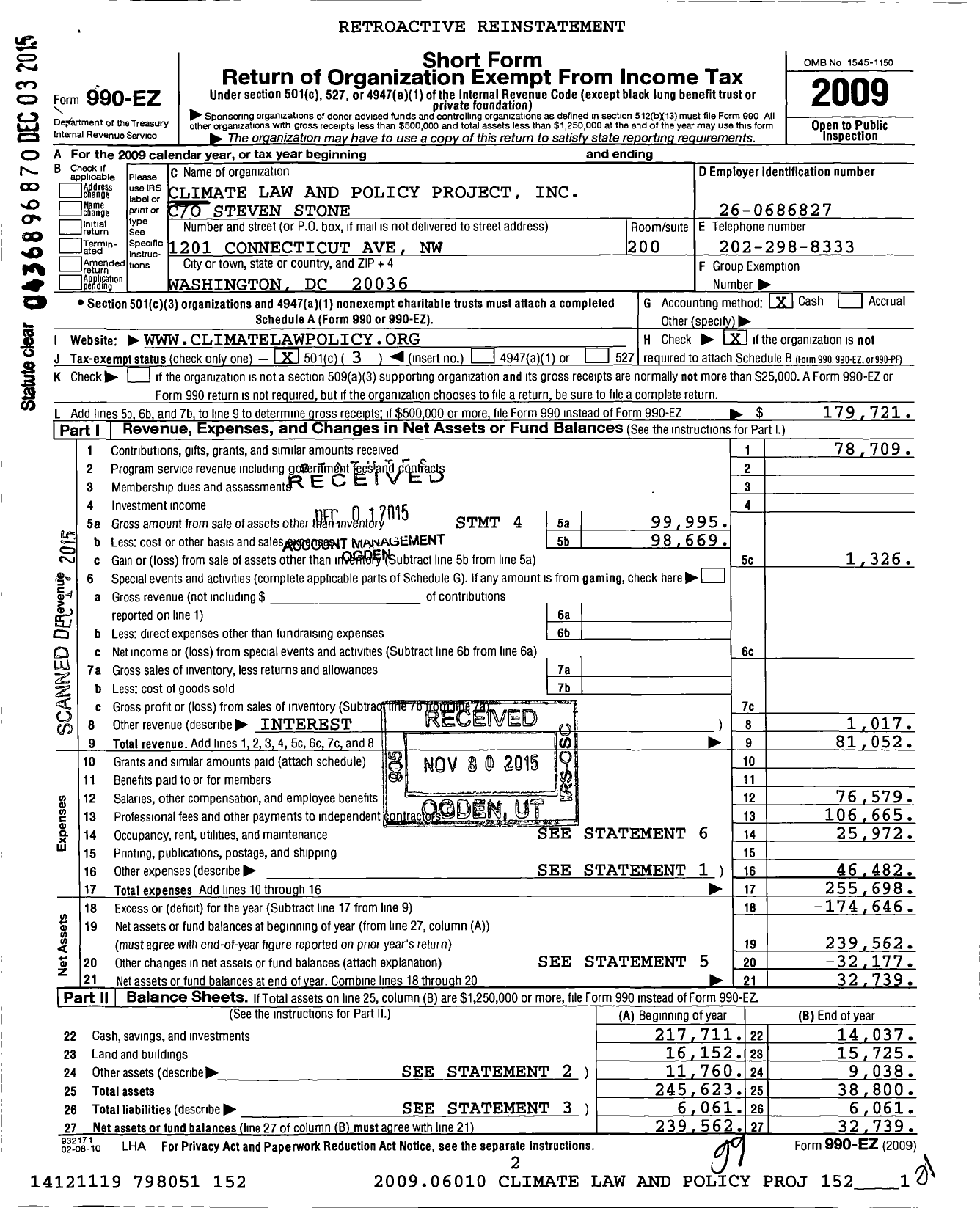 Image of first page of 2009 Form 990EZ for Climate Law and Policy Project