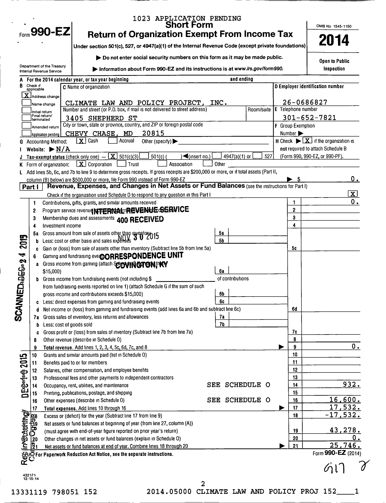 Image of first page of 2014 Form 990EZ for Climate Law and Policy Project