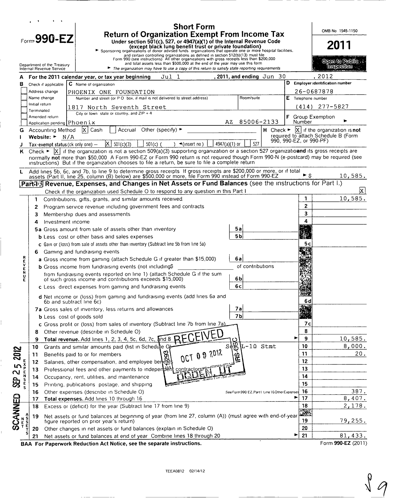 Image of first page of 2011 Form 990EZ for Phoenix One Foundation