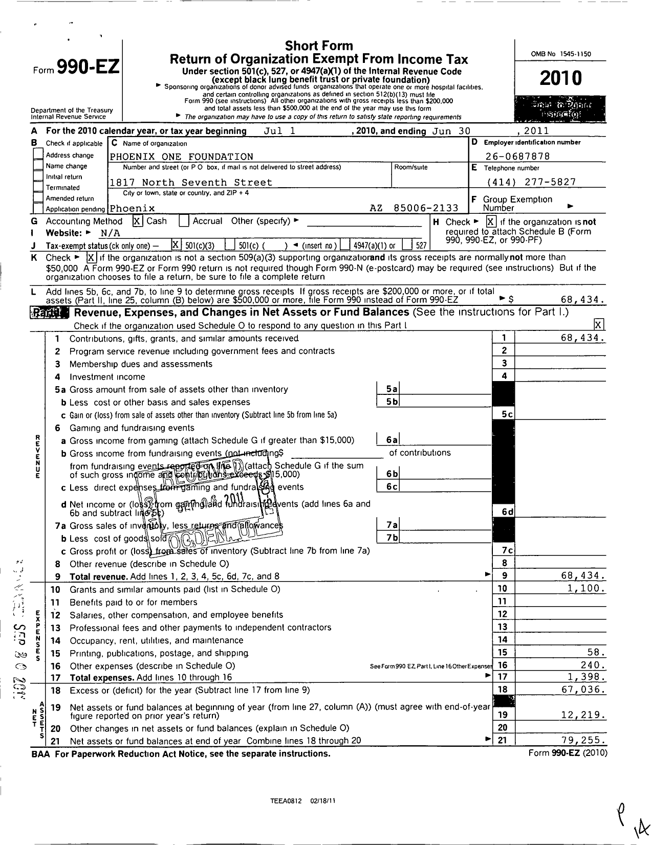 Image of first page of 2010 Form 990EZ for Phoenix One Foundation