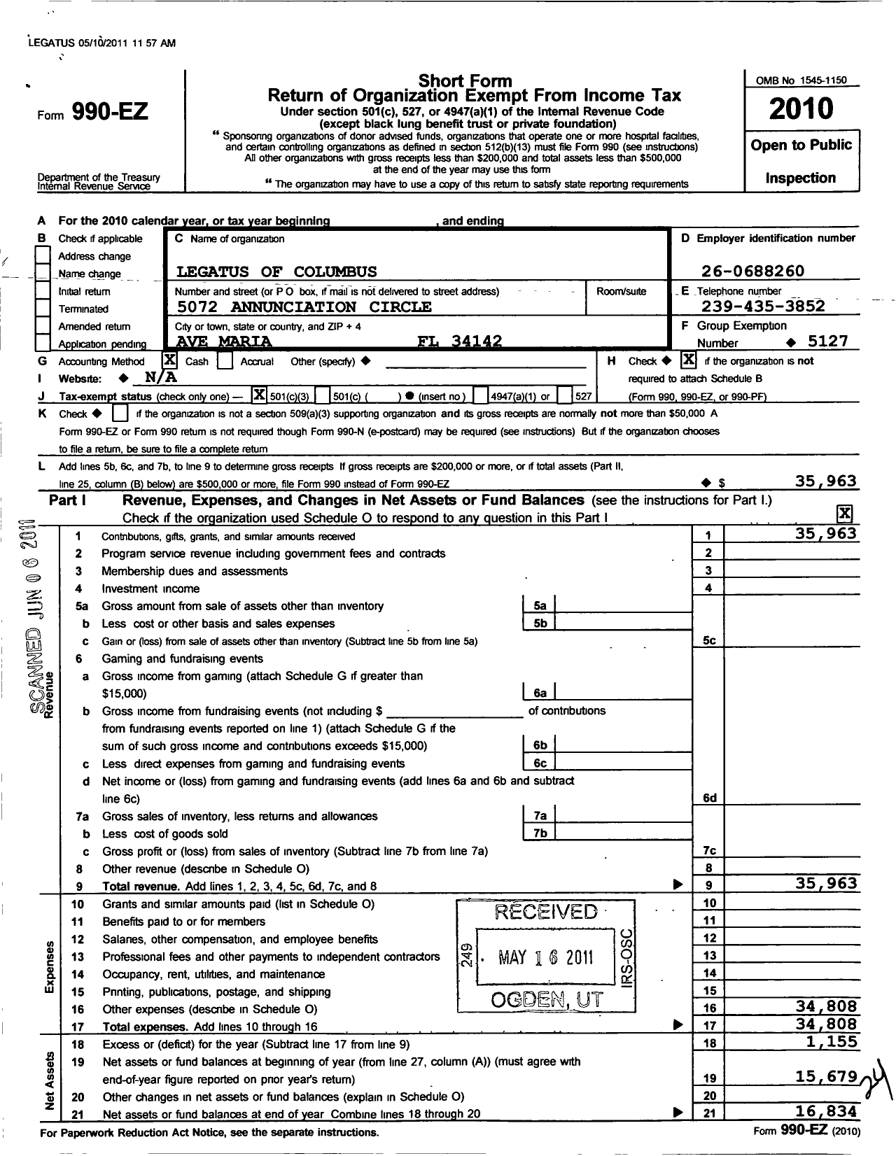 Image of first page of 2010 Form 990EZ for Legatus of Columbus