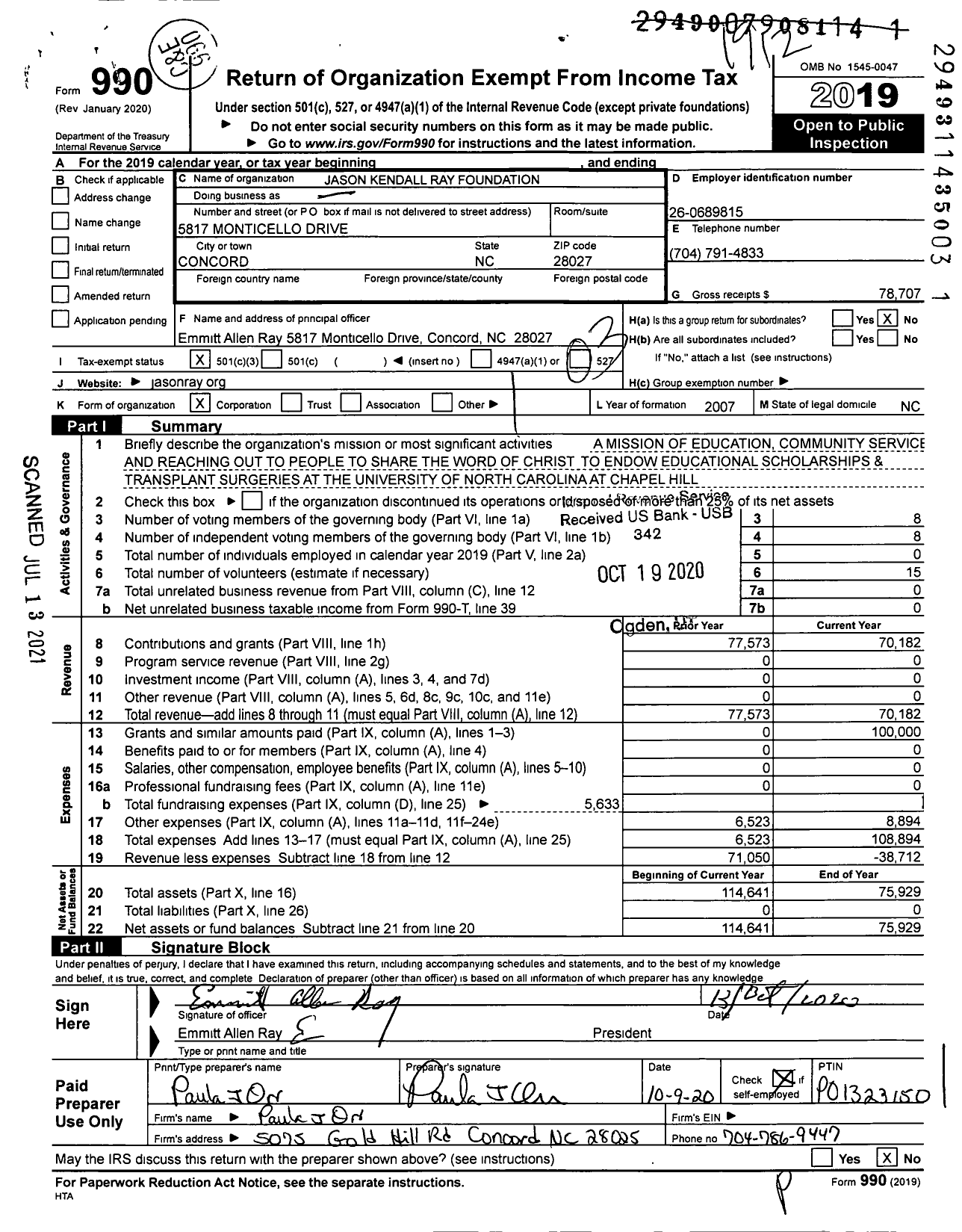 Image of first page of 2019 Form 990 for Jason Kendall Ray Foundation