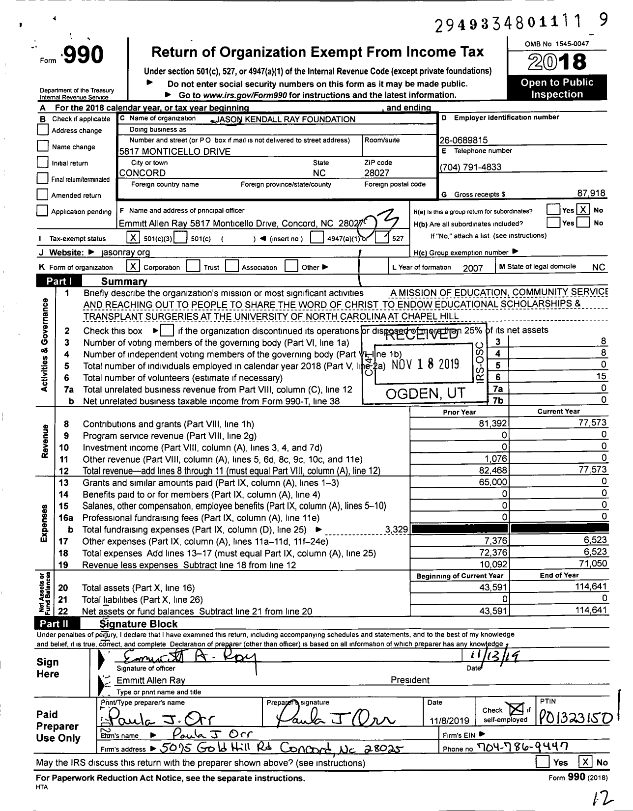 Image of first page of 2018 Form 990 for Jason Kendall Ray Foundation