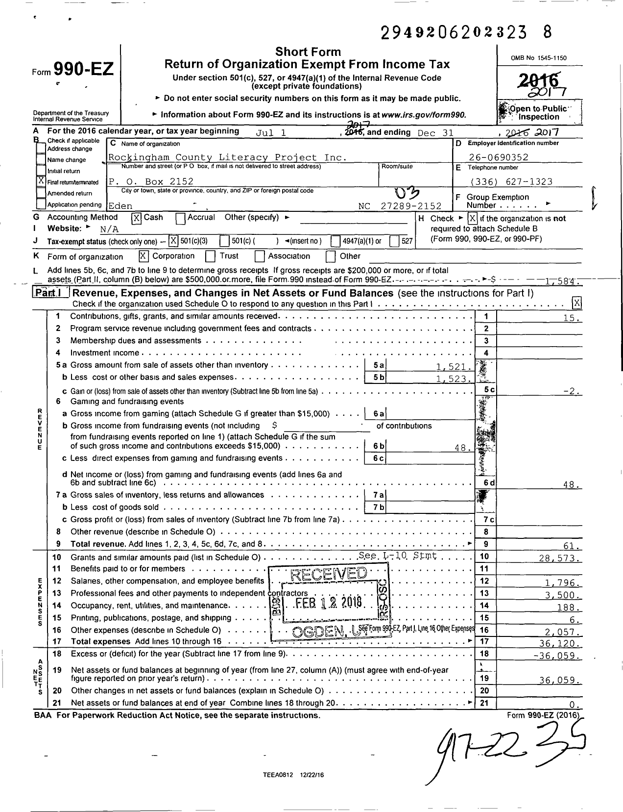 Image of first page of 2017 Form 990EZ for Rockingham County Literacy Project