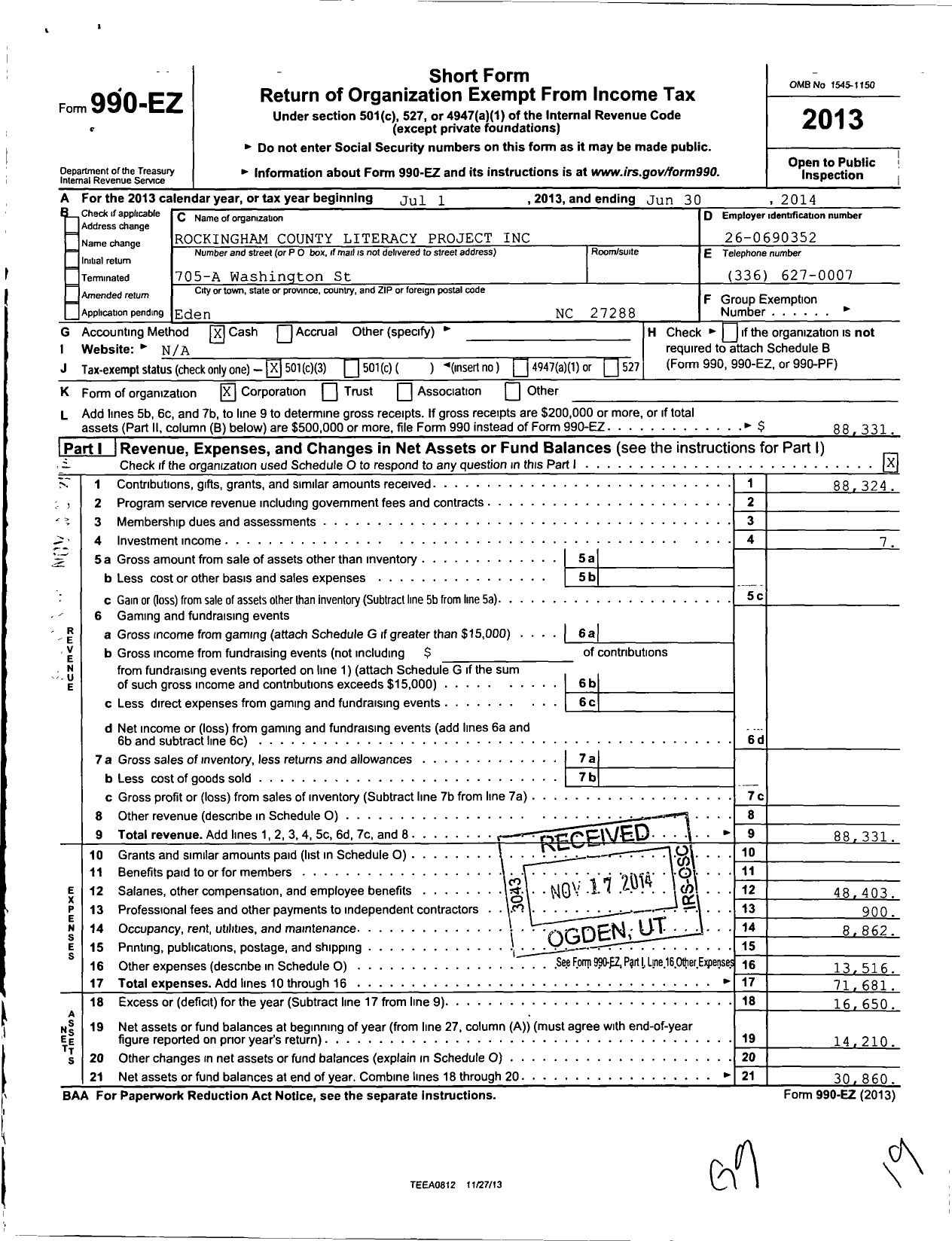 Image of first page of 2013 Form 990EZ for Rockingham County Literacy Project