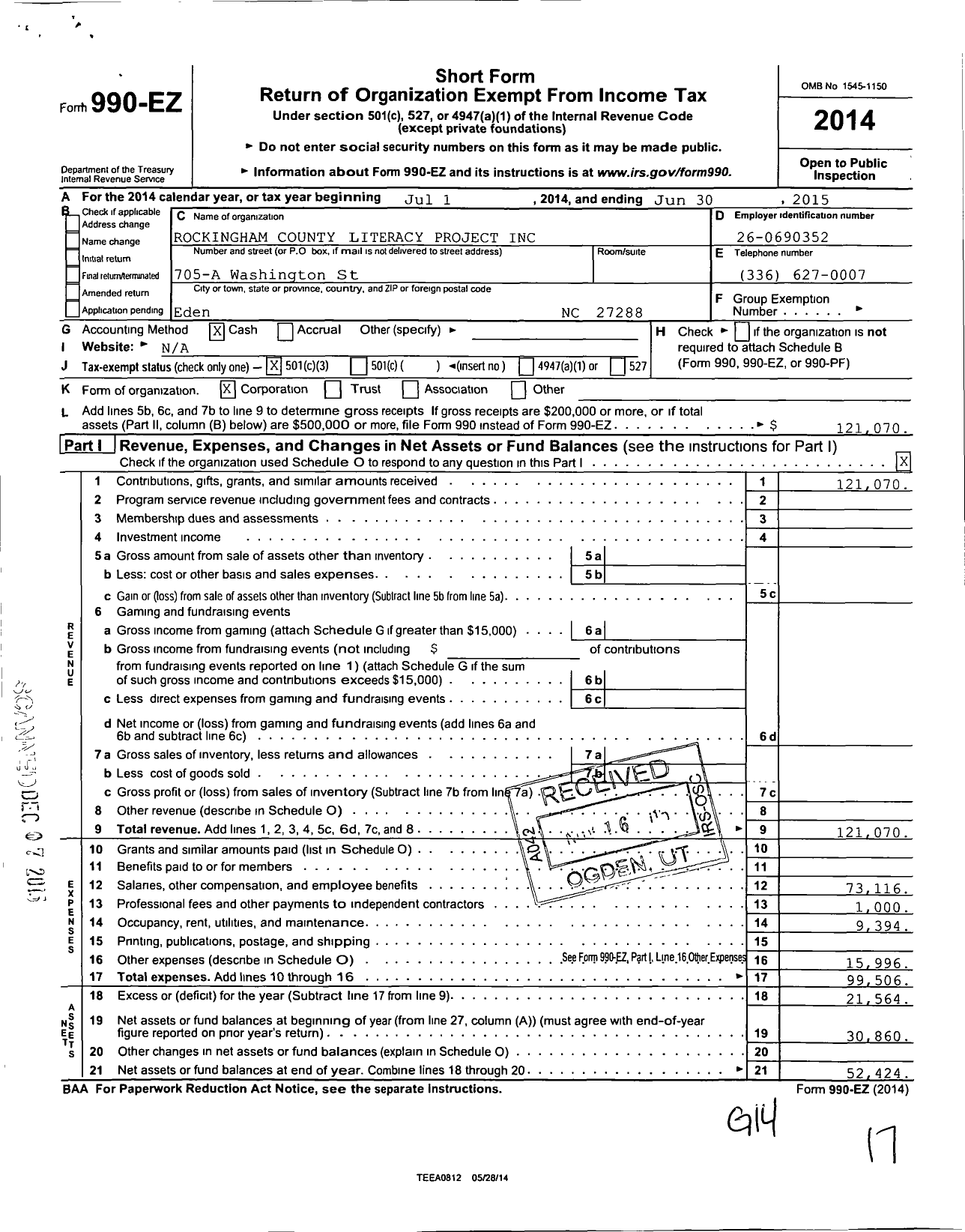 Image of first page of 2014 Form 990EZ for Rockingham County Literacy Project