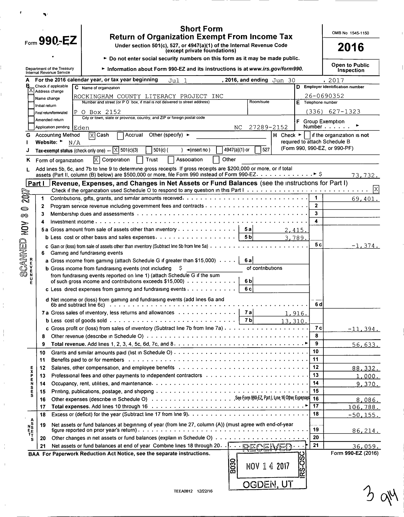 Image of first page of 2016 Form 990EZ for Rockingham County Literacy Project