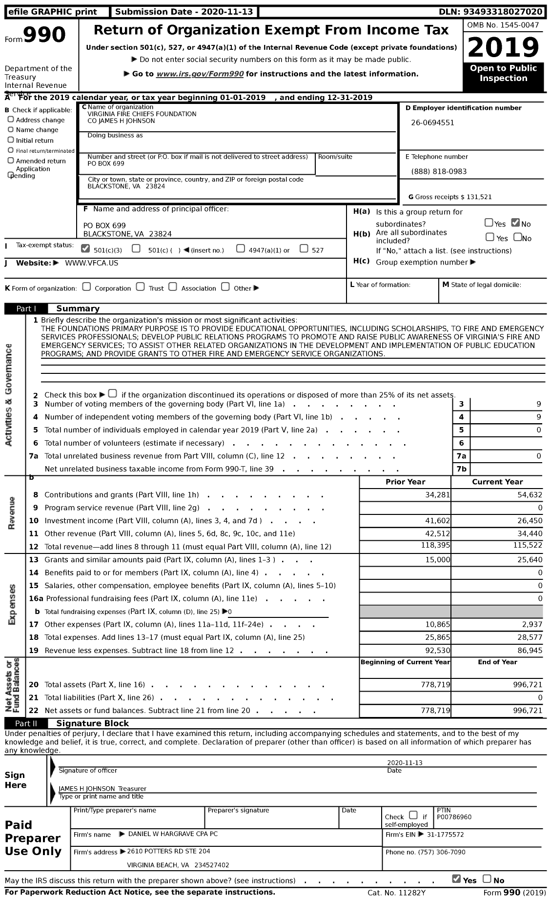 Image of first page of 2019 Form 990 for Virginia Fire Chiefs Foundation