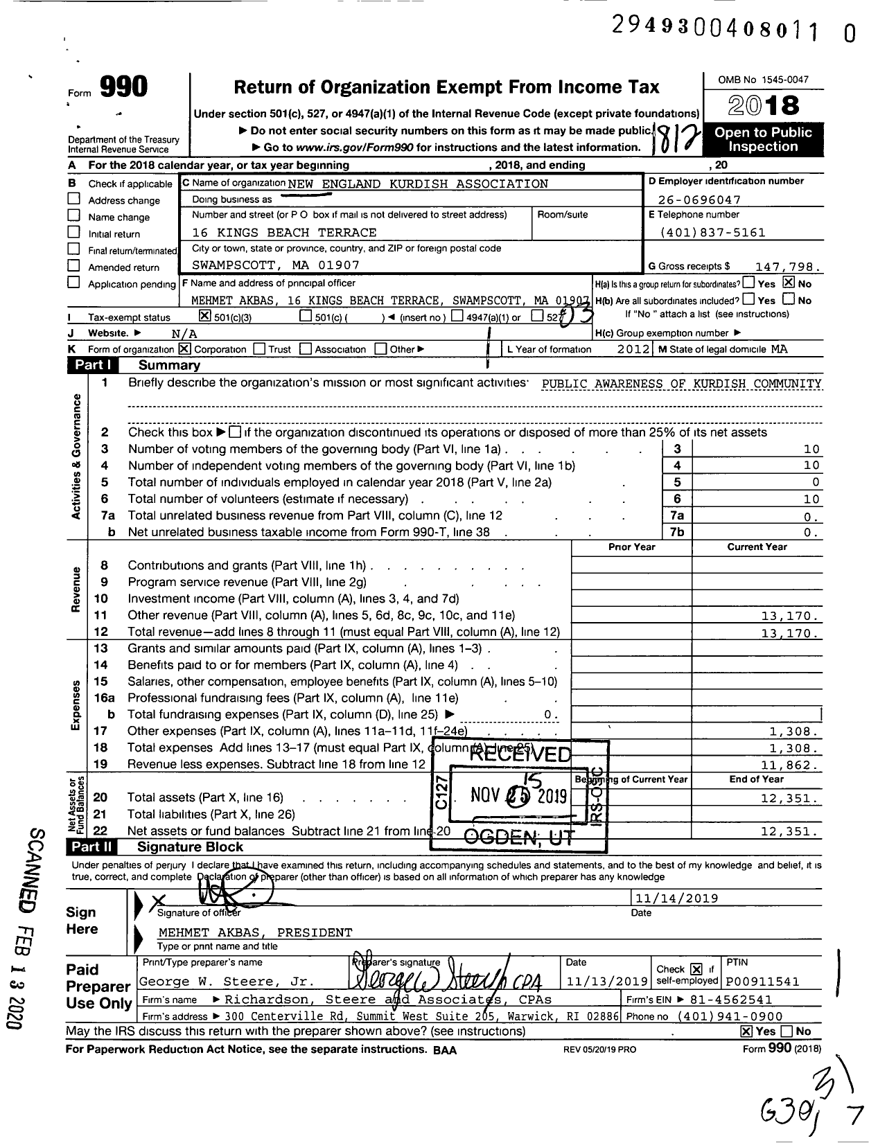 Image of first page of 2018 Form 990 for New England Kurdish Association